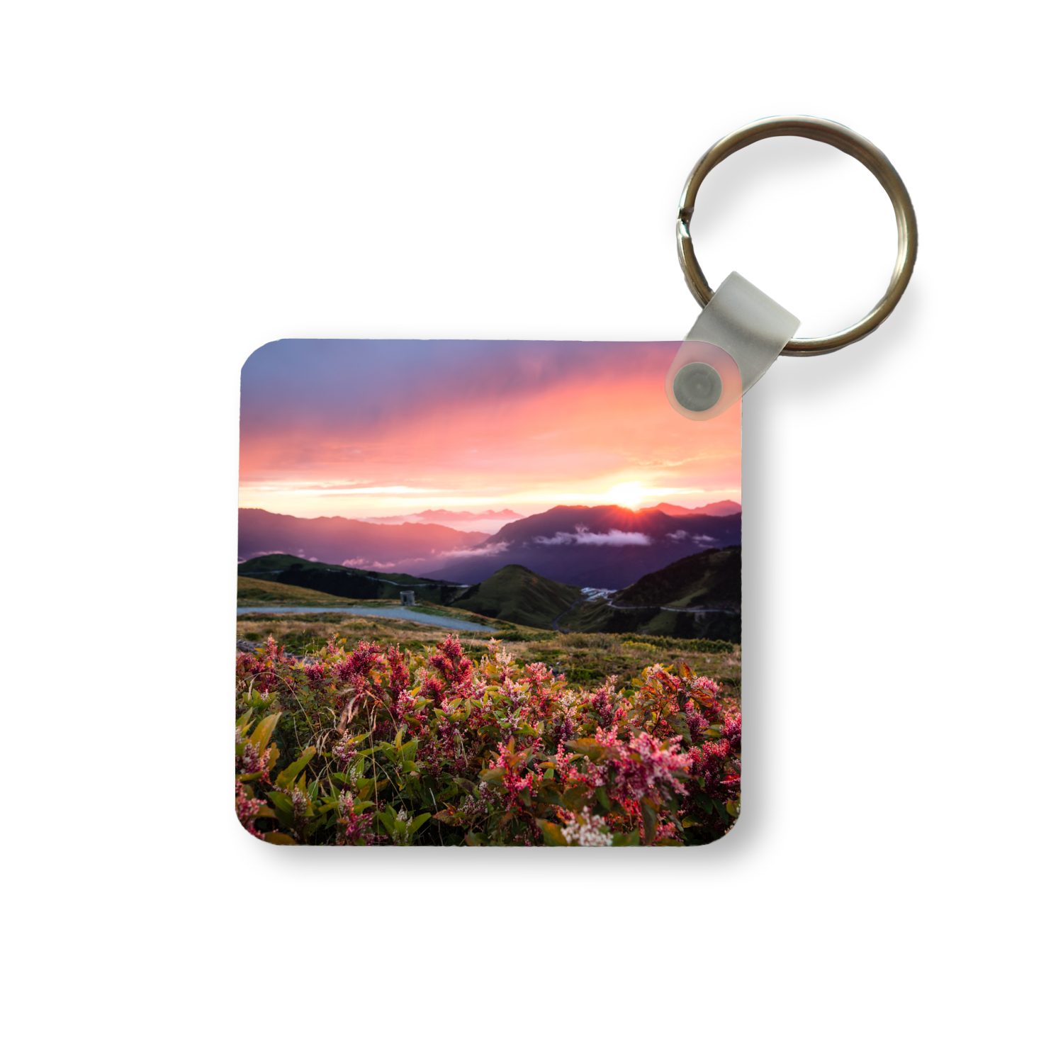 MuchoWow Schlüsselanhänger Blumen - Berge - Landschaft - Nacht - Himmel - Rosa, Quadratisch, Accessoire Auto / Haus / Rucksack / Handtasche, 5x5 cm