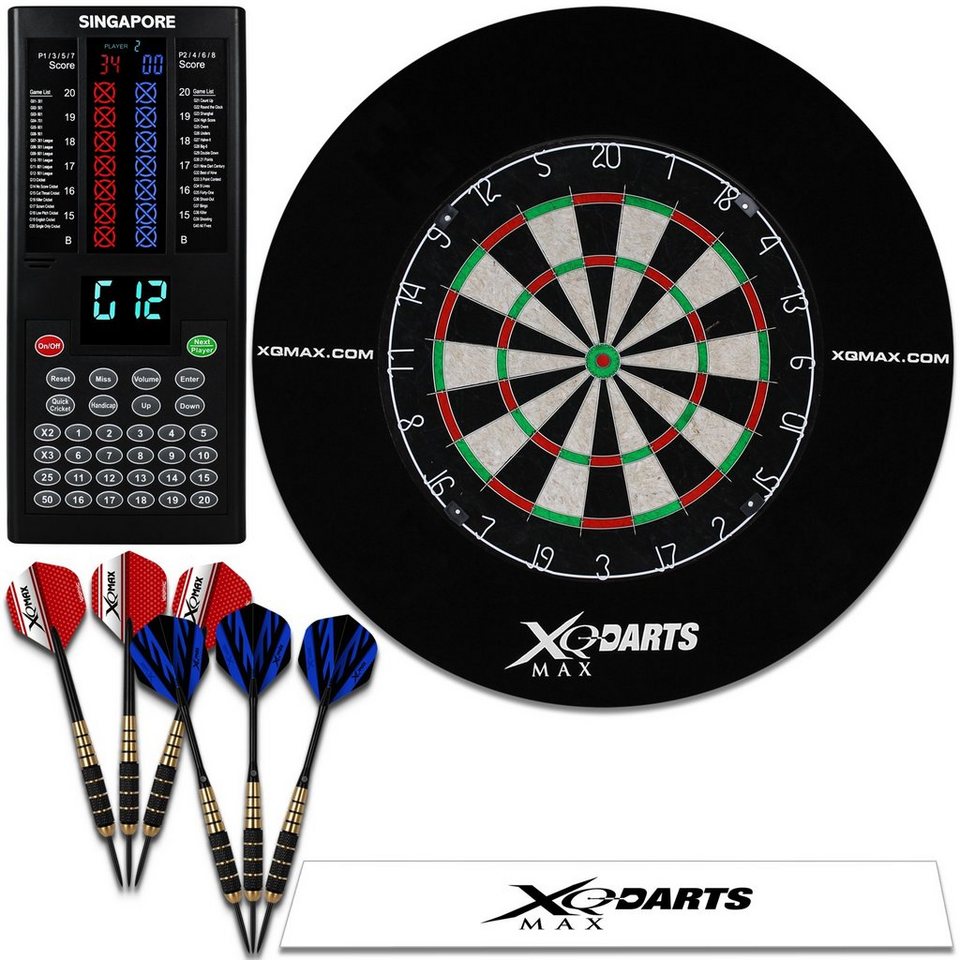 XQMAX Dartscheibe - inkl. Pfeile, Surround Ring Schwarz, Wurflinie, Zähler,  (Dartset), Steeldart Dartboard Darts Catchring Auffangring