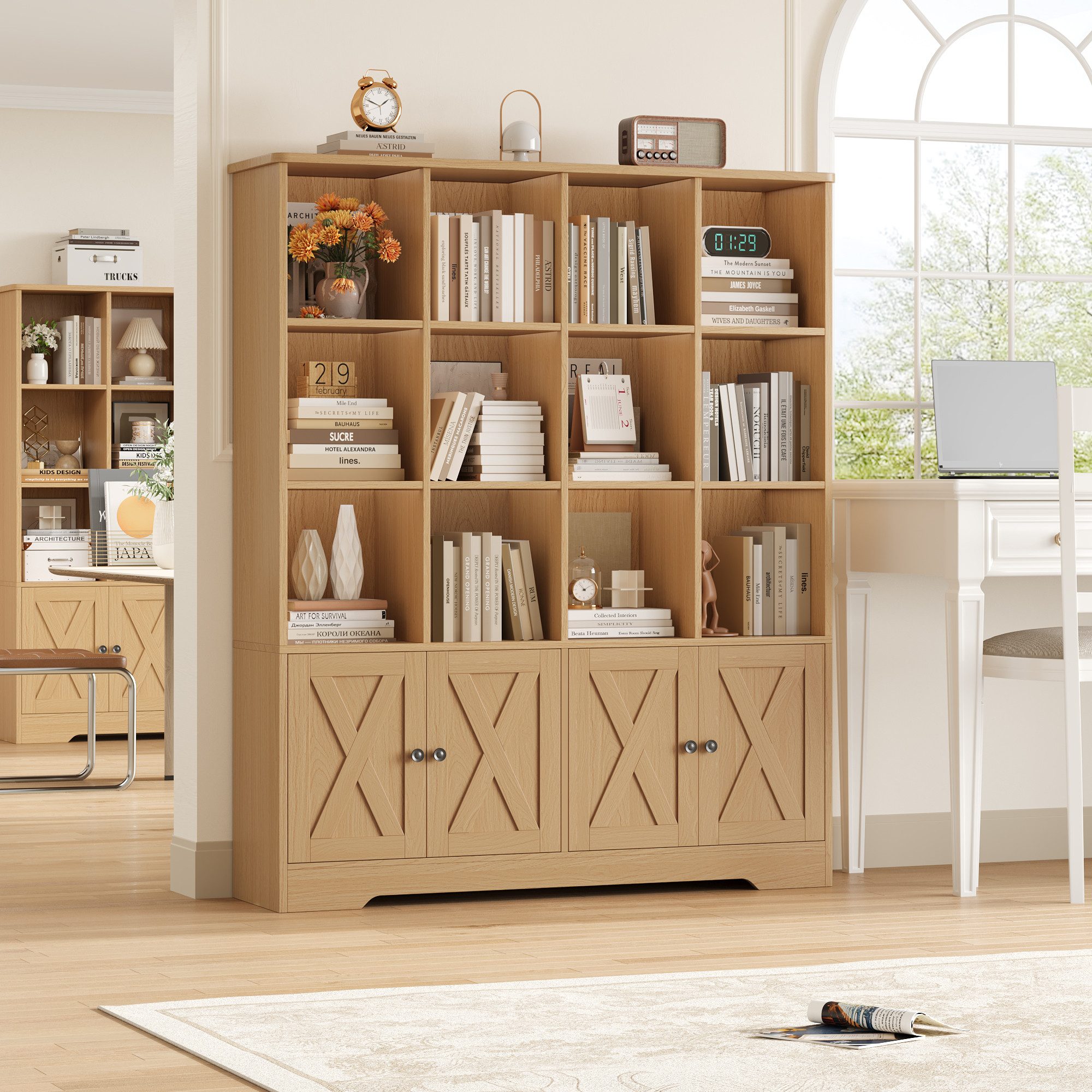 Homfa Bücherregal Standregal Bücherschrank für Kinder und Jugendliche, Bücherregal mit 12 offenen Fächern und 4 Türen Holz 144,8x121x29,8cm