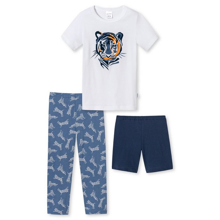 Schiesser Pyjama Easy Tiger (Set 3 tlg. Set) Jungen Schlafanzug lang Single-Jersey 100% Baumwolle