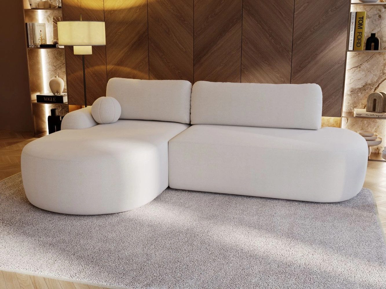 GrainGold Ecksofa mit Schlaffunktion und Bettkasten AURIO O - 271x177 cm, Weiß, Wellenfedern, T30-Schaum, Bouclé