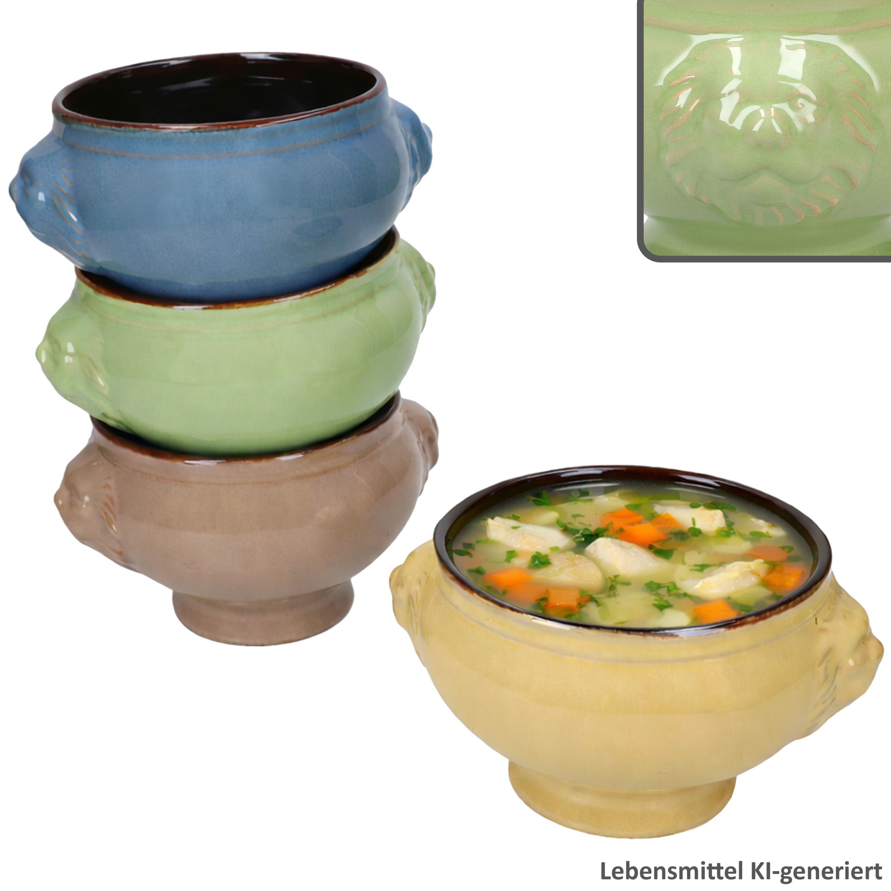 MamboCat Suppenschüssel 4x Löwenkopf Suppentassen 400ml bunte Keramik Suppenschalen Terrine, Keramik
