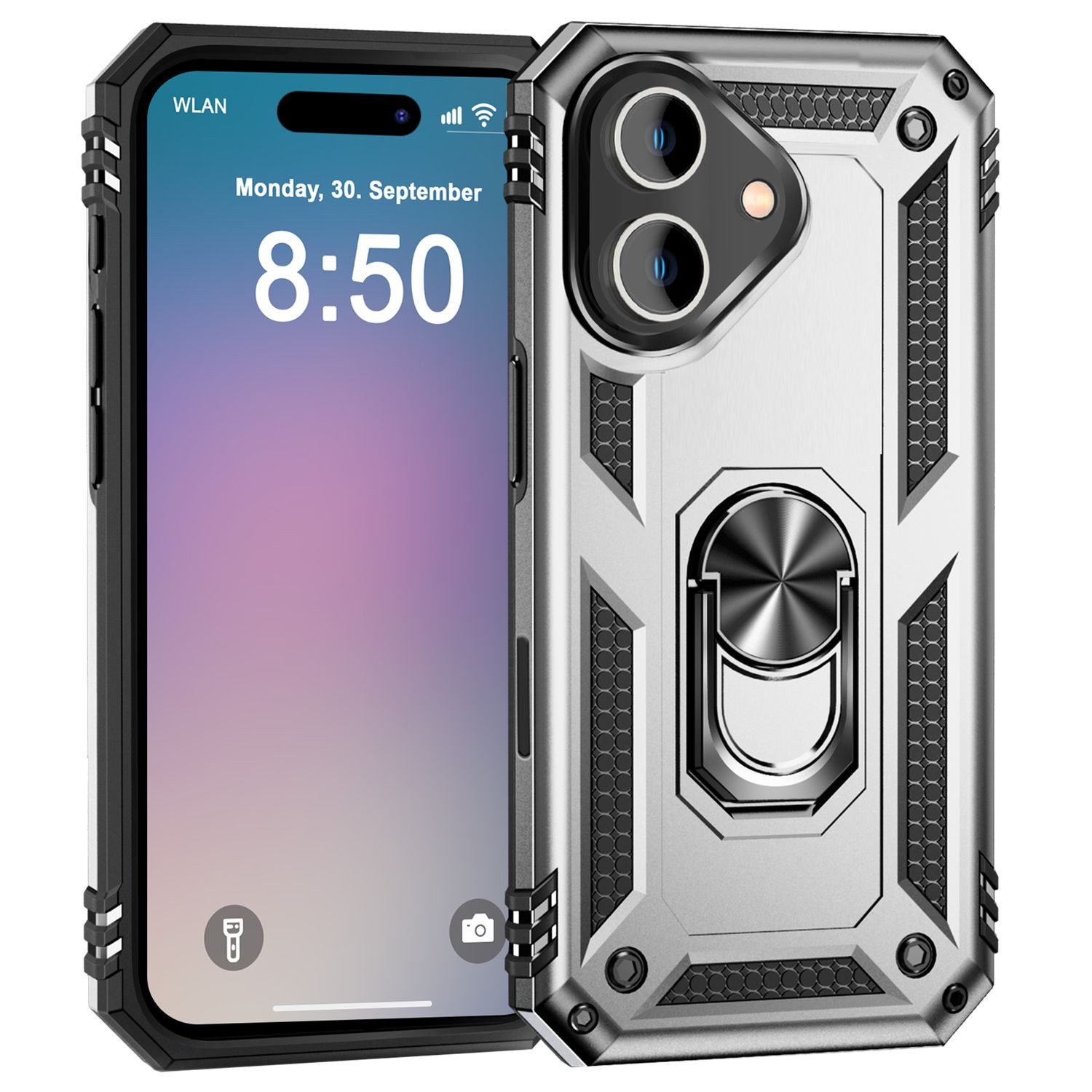 Nalia Smartphone-Hülle Apple iPhone 16 15,5 cm (6,1 Zoll), Military Style Ring-Hülle / Extrem Robuster Schutz / Standfunktion