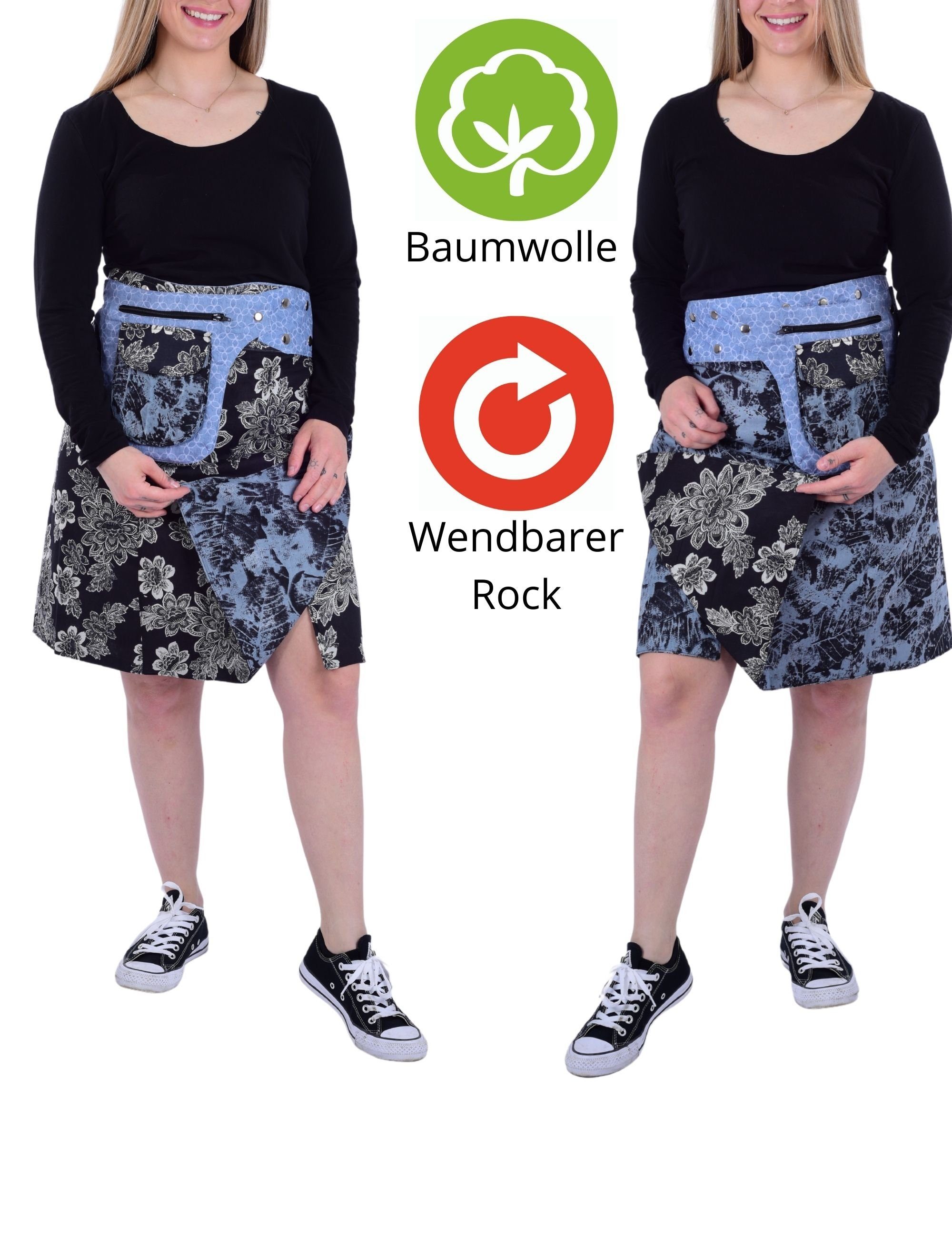 Sunsa Wickelrock Damenrock Knielang Sommerrock Wickelrock aus Baumwolle 2  Designs in 1 Wendbarer Rock, 2 Optische Designs in 1