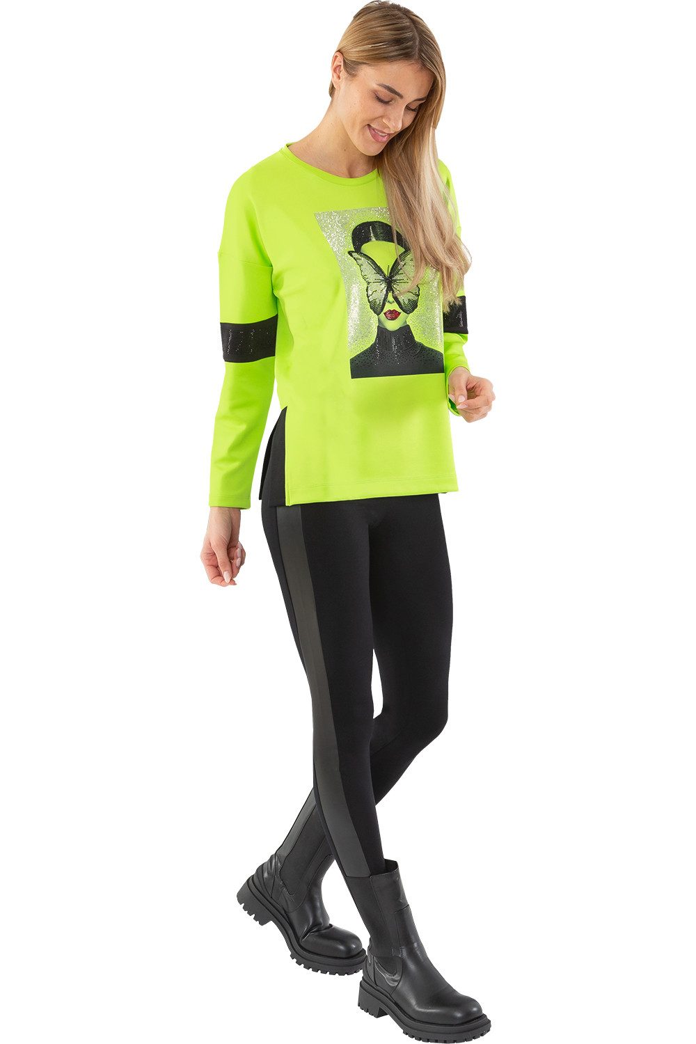 Estefania for woman Rundhalspullover 193-7200, "Luxery Schmetterling" mit Strass mit seitlichen Schlitzen am Saum