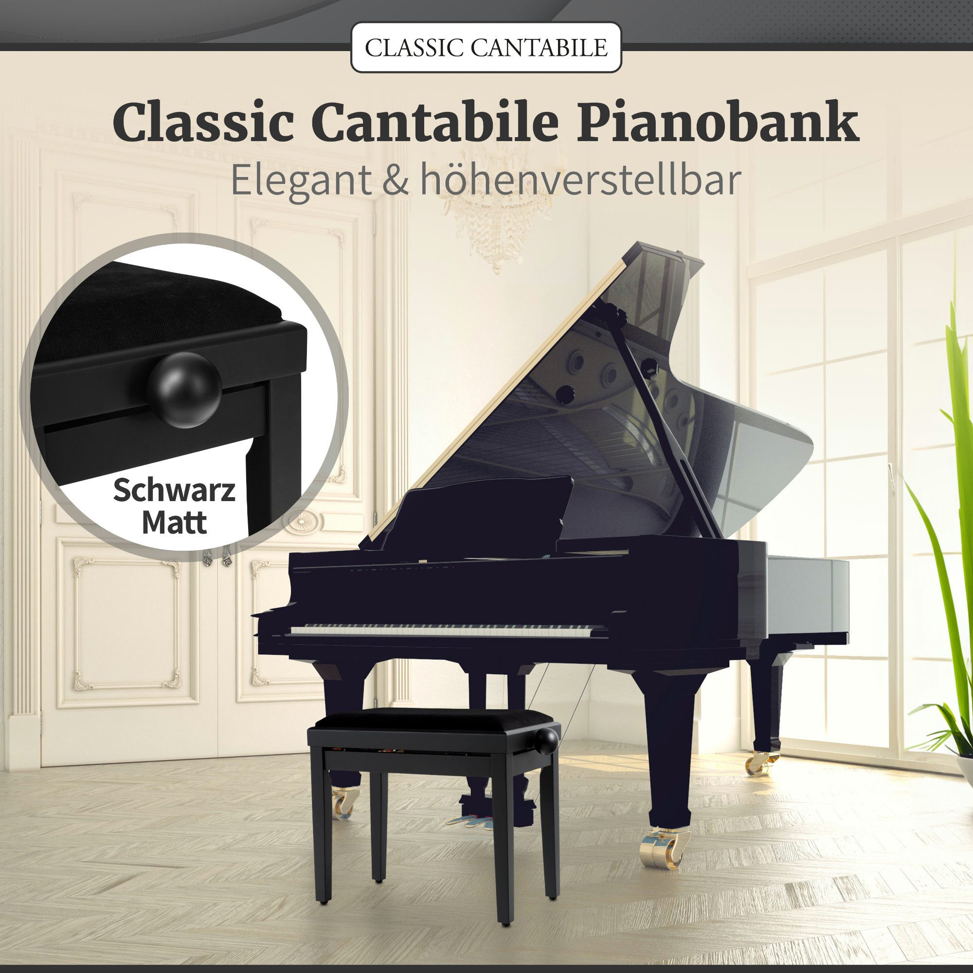Classic Cantabile Klavierbank Classic Cantabile Pianobank Schwarz Matt (Hochwertiger Sitzkomfort, 1-St., Sitzfläche 55 x 32 cm), Leichtgängige Spindelmechanik – Bild 2 von 5