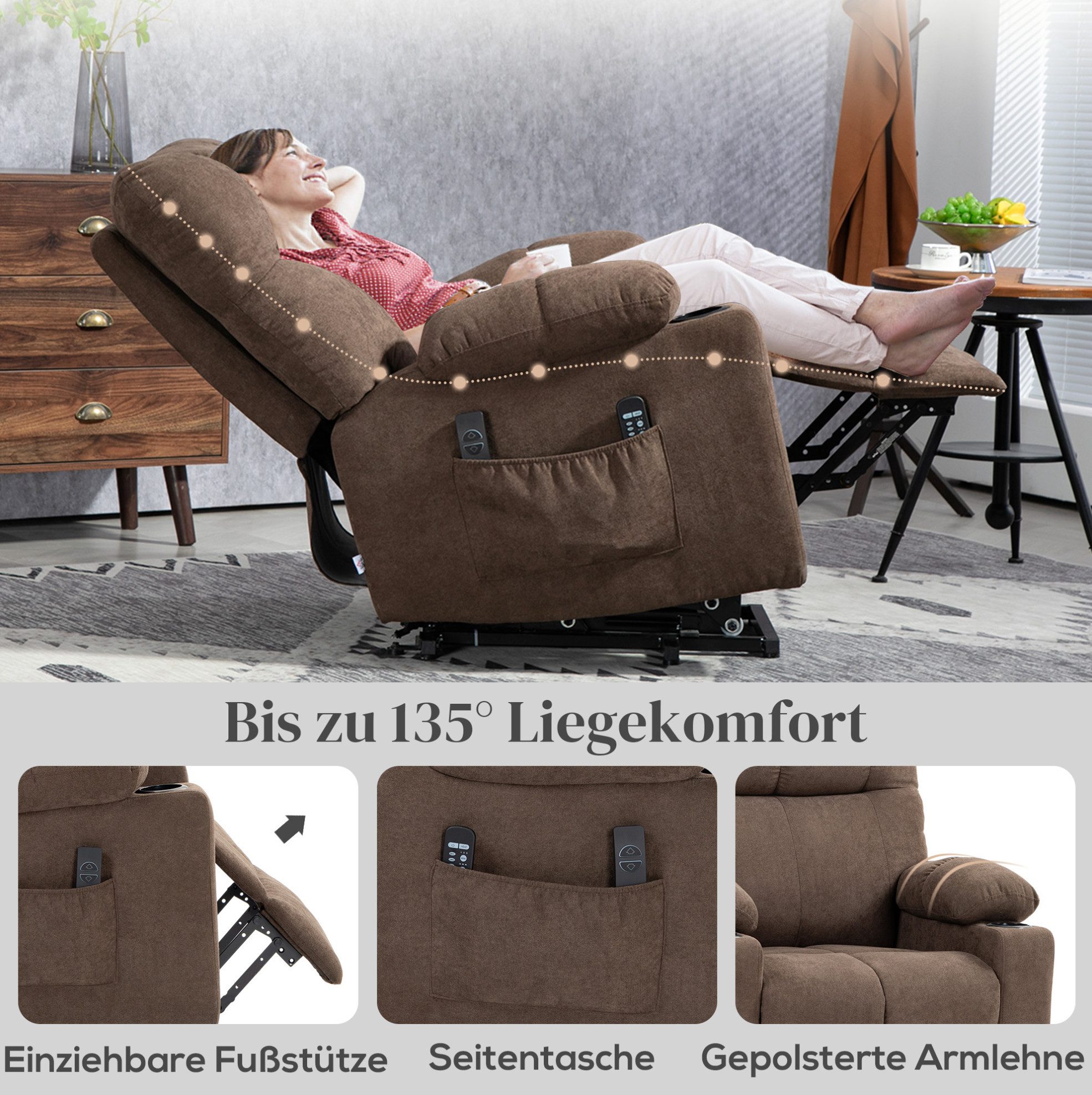 OKWISH Massagesessel Fernsehsessel mit elektrischer Aufstehhilfe und Liegefunktion (Packung, 1-St., Sessel für Wohnzimmer oder Schlafzimmer, elektrisch verstellbar), Relaxsessel mit Wärme- und Massagefunktion, TV-Sessel mit Federsystem