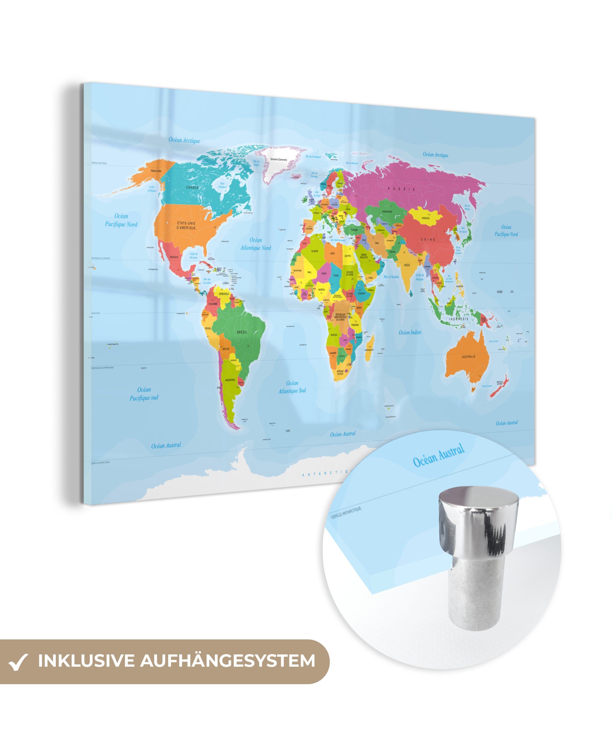 MuchoWow Acrylglasbild Französische Weltkarte - Farben - Einfach, (1 St), Glasbilder - Bilder auf Glas Wandbild - Foto auf Glas - Wanddekoration