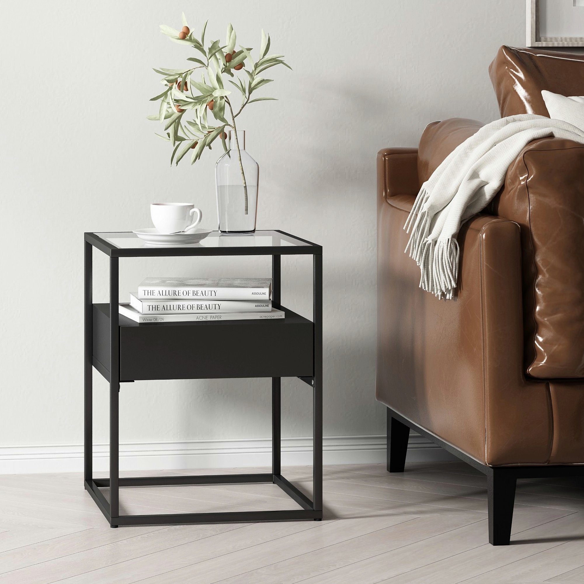 en.casa Beistelltisch, »Vissenbjerg« mit Schublade und Tischplatte aus Glas günstig online kaufen