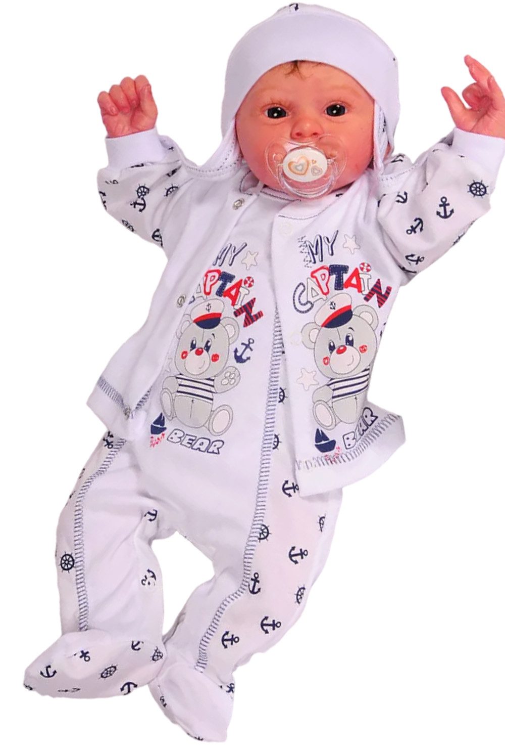La Bortini Strampler Baby Anzug 3Tlg Strampler Hemdchen Mütze mit Anker und Bär aus reiner Baumwolle, 44-50 56 62 68 74 80 in weiß blau