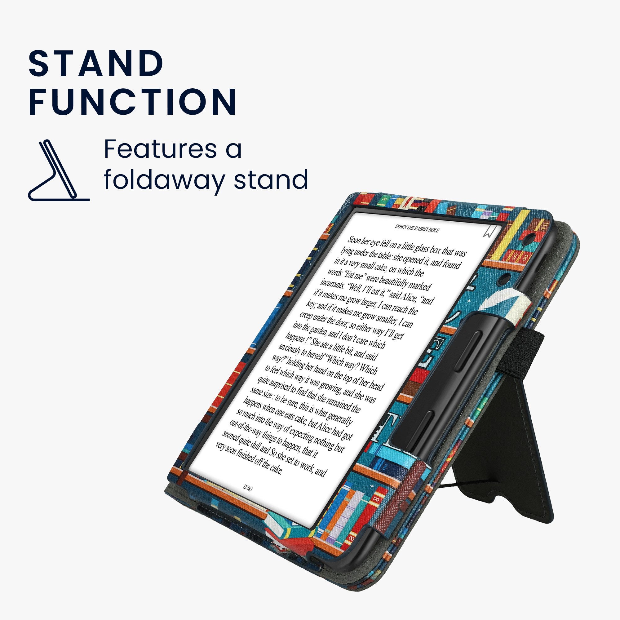 kwmobile E-Reader-Hülle Flip Schutzhülle für Kobo Kobo Libra Colour / Tolino Vision Color, Handschlaufe - Cover Bibliothek Motto Design – Bild 5 von 5