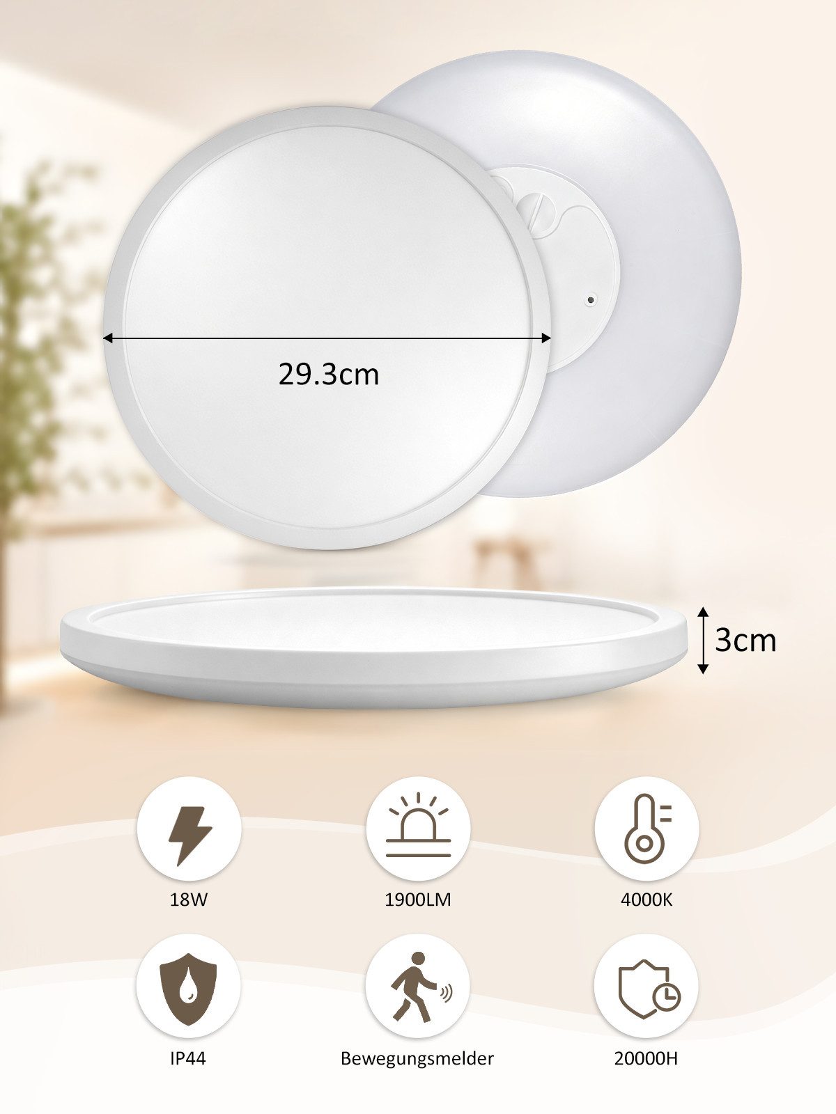 ZMH LED Deckenleuchte LED Panel-Rundleuchte mit Mikrowellensensor 29,3 cm 4000K Neutralweiß, LED fest integriert, Neutralweiß, Verzögerte Selbstabschaltung Lichtsensor Spritzwasserschutz IP44