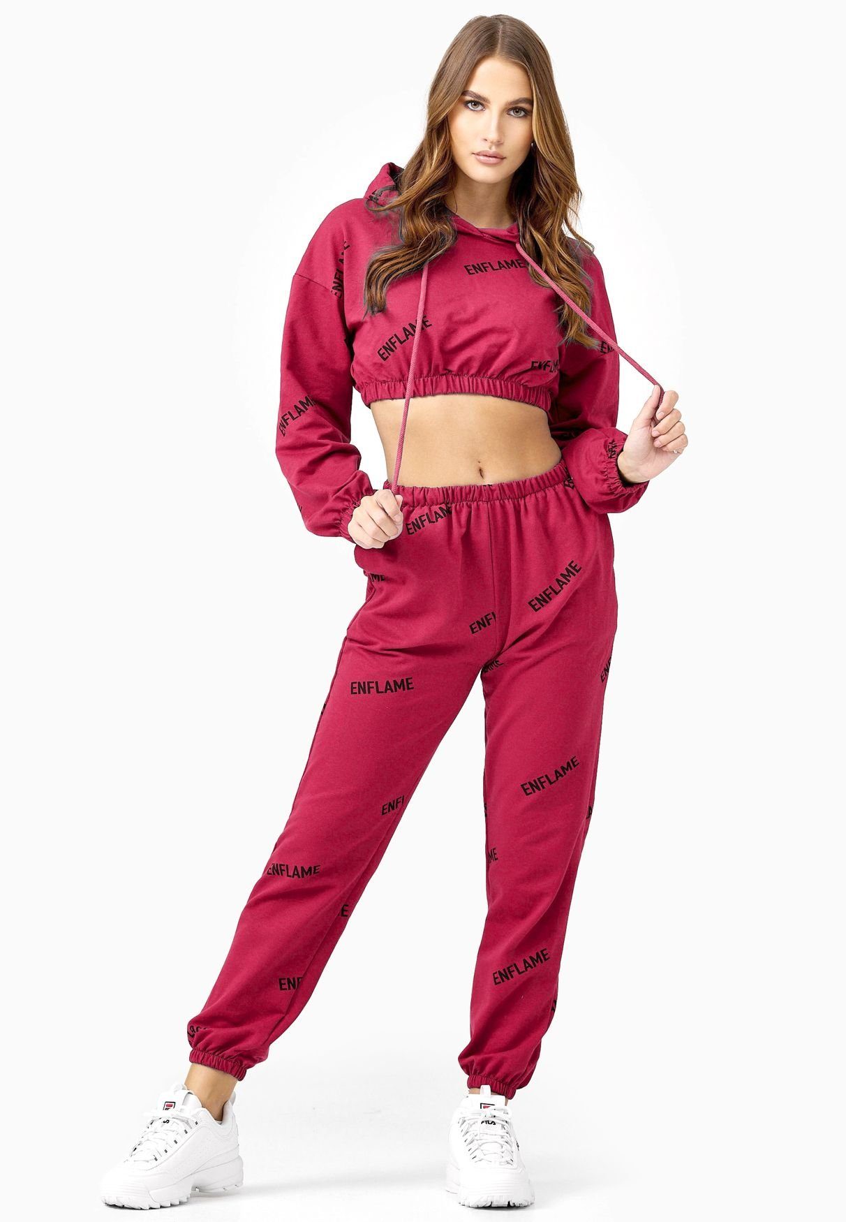 enflame Trainingsanzug Design Print Jogginganzug Crop Hoodie Trainingsanzug Stretch (2-tlg), 3832 in Pink
