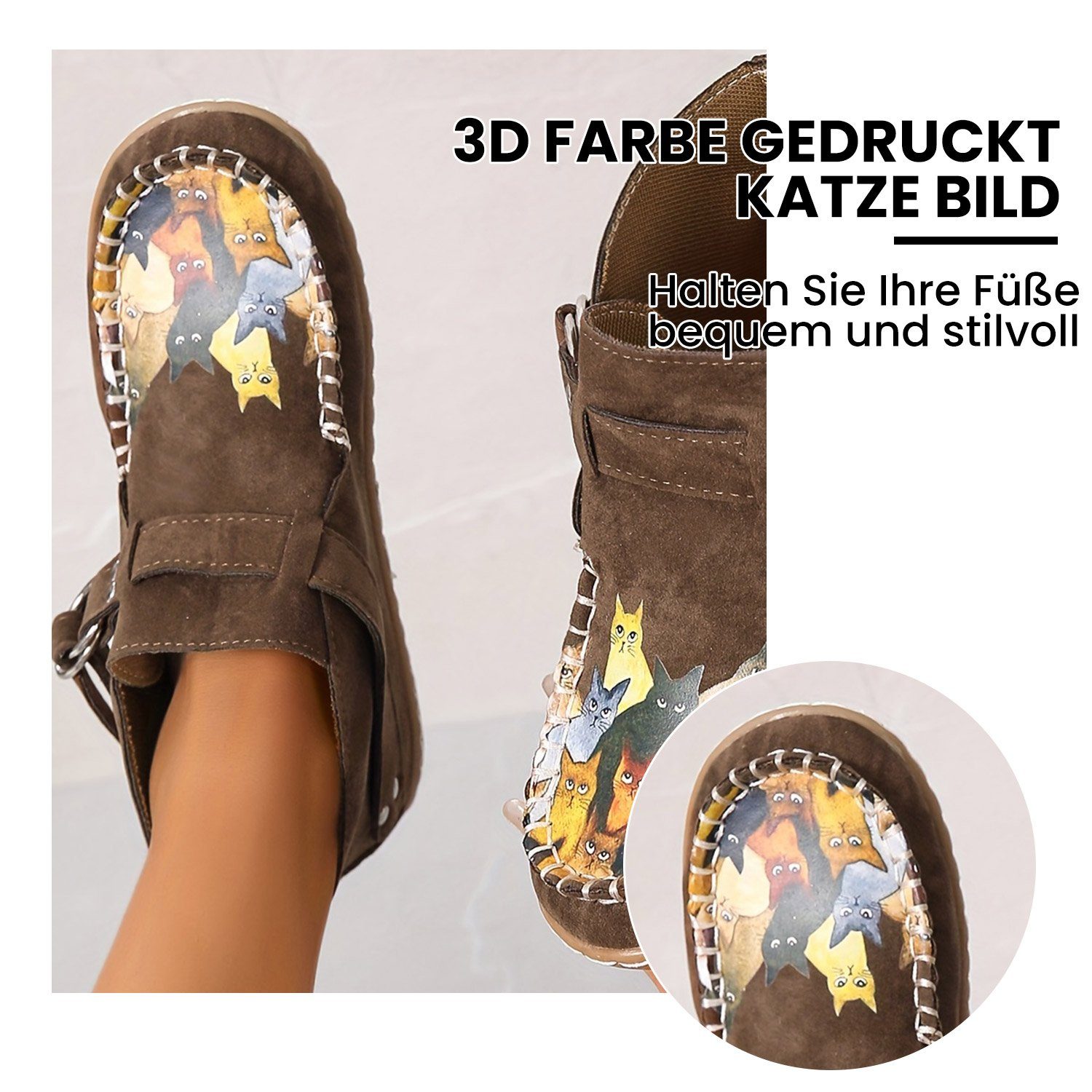Daisred Schuhe Walkingschuh Cartoon flache Damen Einzelne Khaki Freizeitschuhe