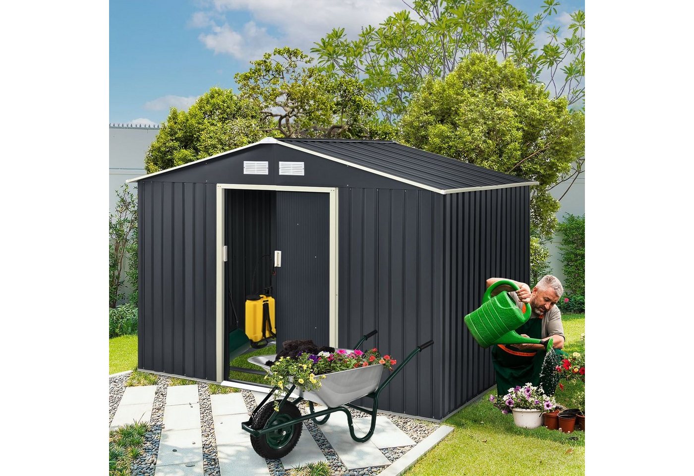 Thumbnail - Juskys Gartenhaus XL, mit Satteldach, Schiebetür, Fundamentrahmen, 9 m³