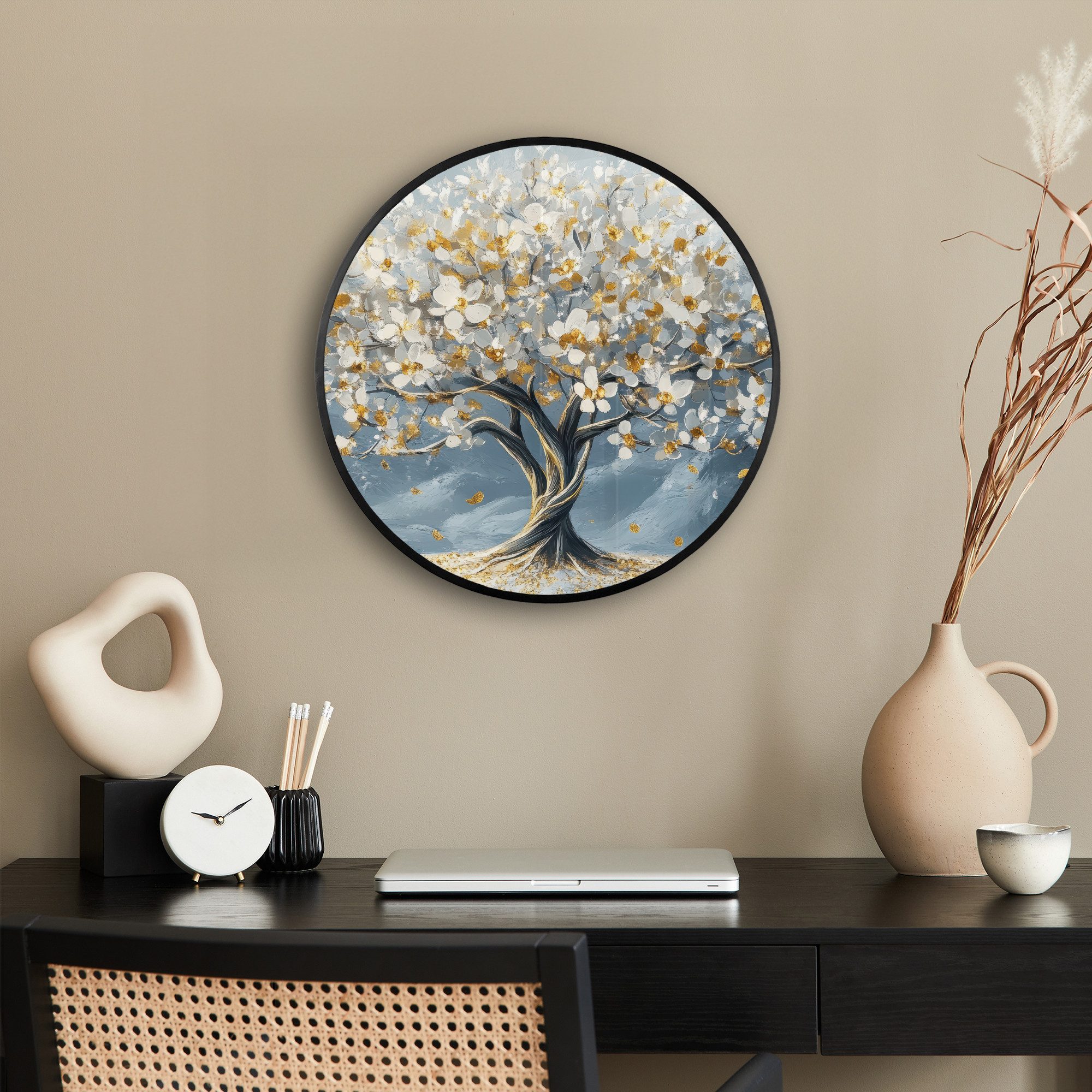 MuchoWow Poster Rund - Baum - Winter - Baum des Lebens - Modern - Gold, (1 St), Runde Wandbilder, Deko für Wohnzimmer und Schlafzimmer, 40x40 cm
