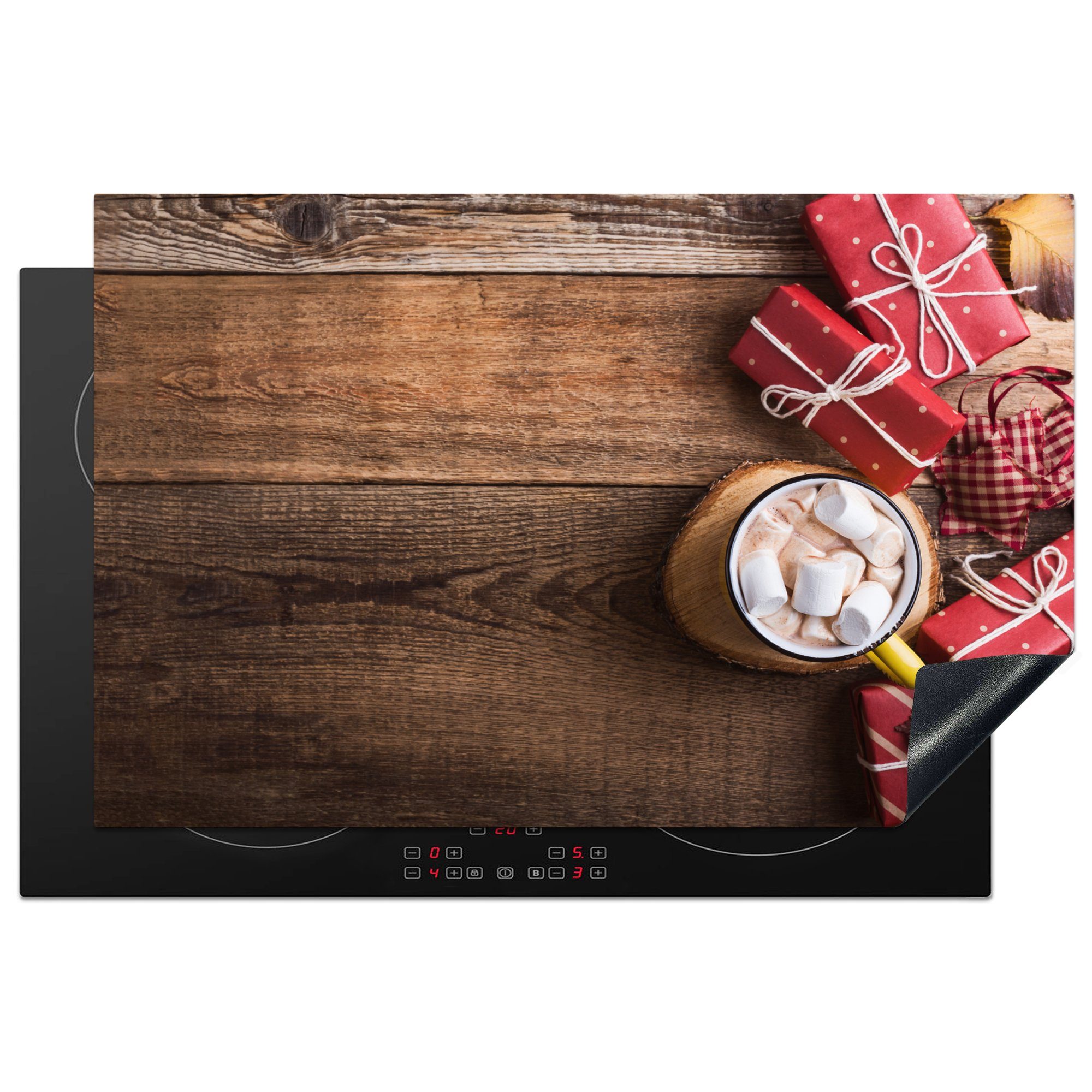MuchoWow Herdblende-/Abdeckplatte Heiße Schokolade mit Weihnachtsgeschenken, Vinyl, (1 tlg), 81x52 cm, Induktionskochfeld Schutz für die küche, Ceranfeldabdeckung | Herdabdeckplatten