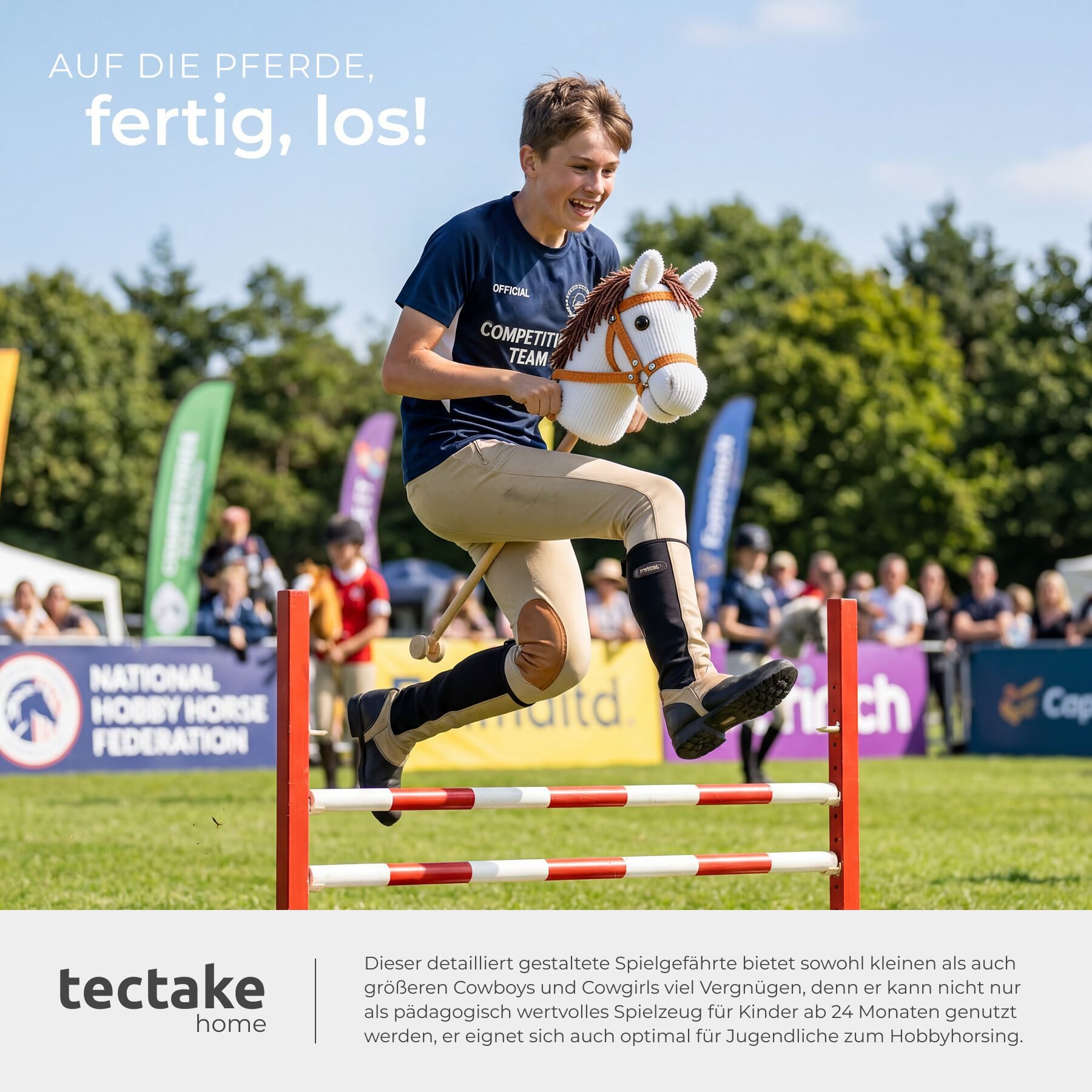 tectake Steckenpferd Hobby Horse mit Rollen - Detailreiches Design für Kinder, (Stockpferd in Weiß, 1 St), Stabiler Holzstab mit Doppelrolle für leichtes Gleite – Bild 4 von 5