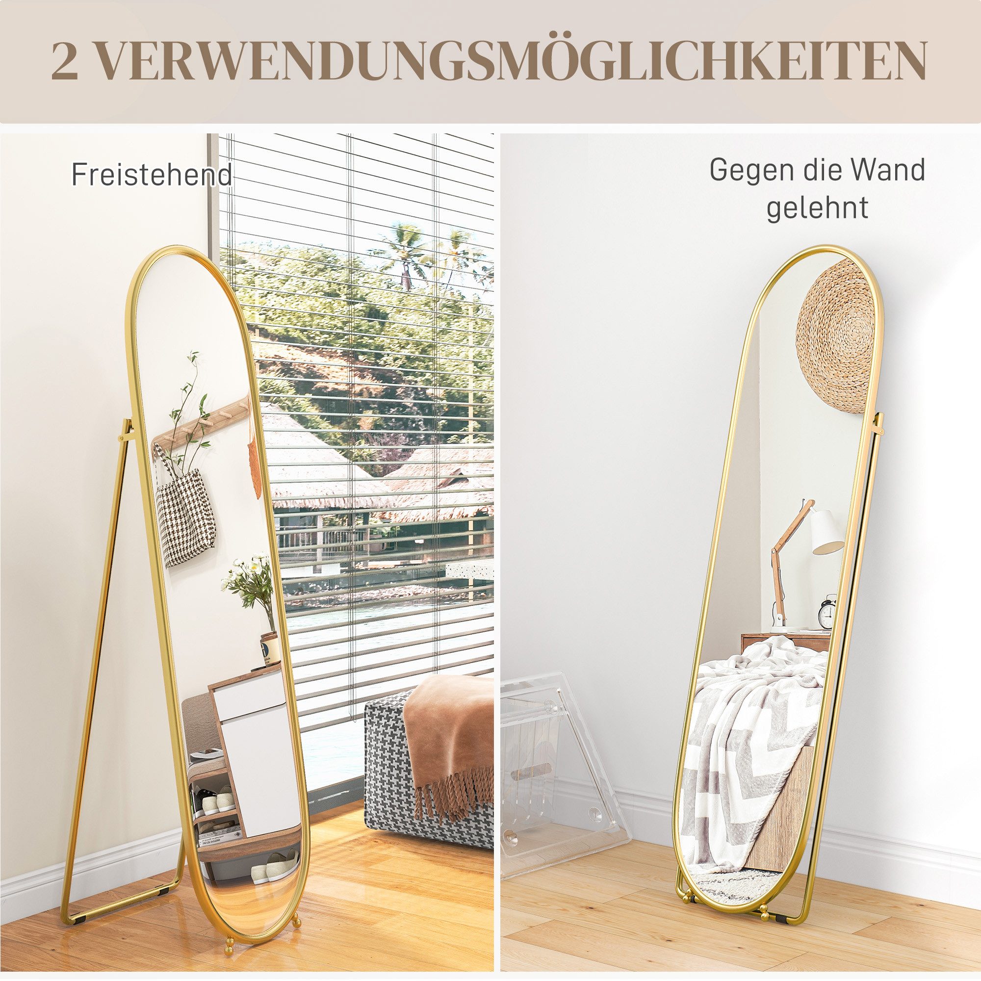 MC Star Standspiegel Ganzkörperspiegel, 160 x 40 cm Wandspiegel mit Ständer, Metallrahmen (Oval Standspiegel für Wohnzimmer, Schlafzimmer, Gold)
