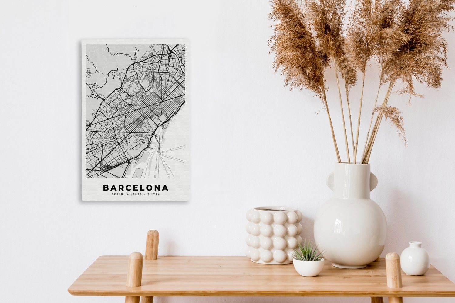 OneMillionCanvasses® Leinwandbild Barcelona - Stadtplan und inkl. fertig Karte Gemälde, Schwarz 20x30 cm Leinwandbild weiß, (1 bespannt - St), Zackenaufhänger, 