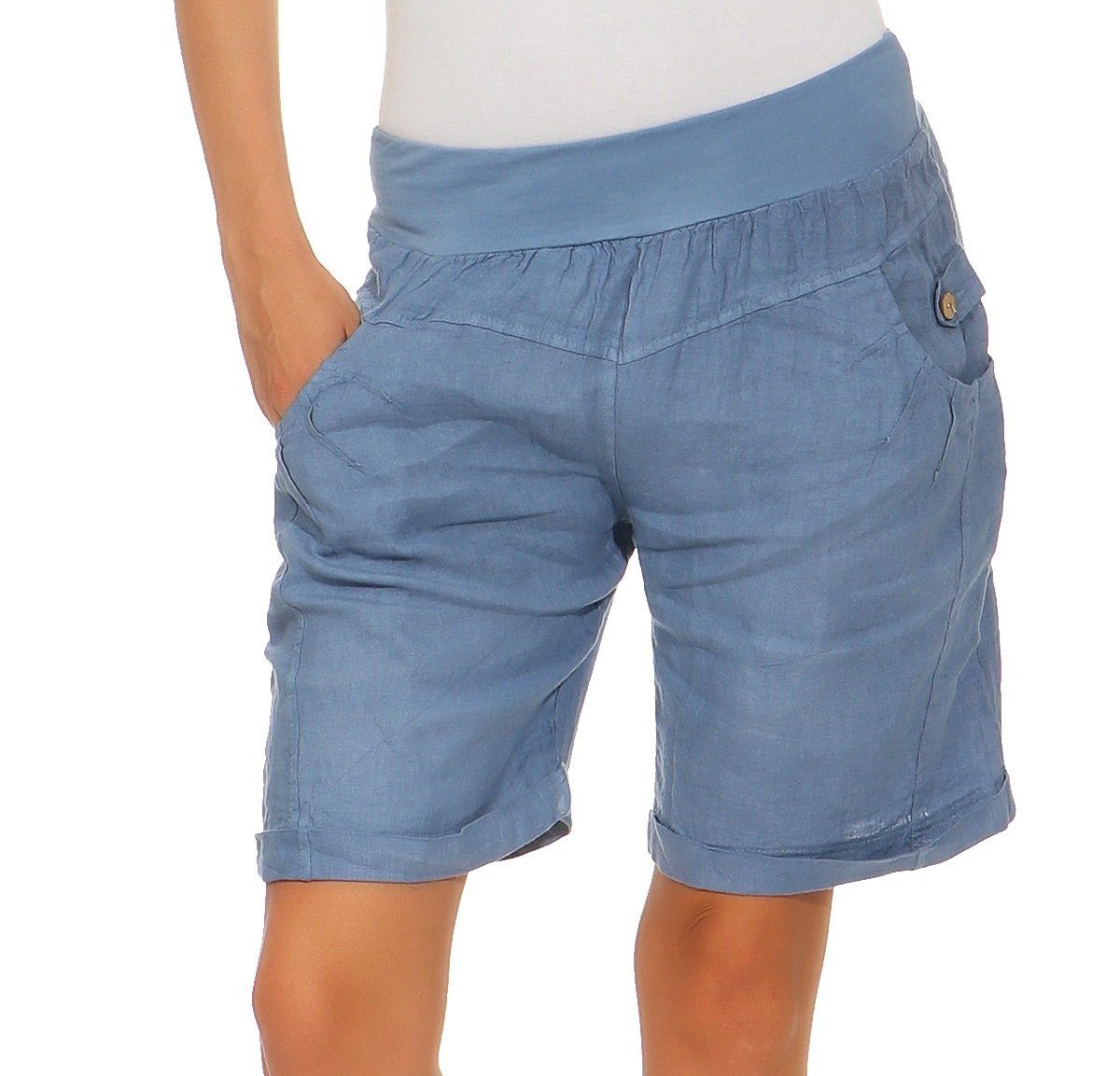 Mississhop Leinenhose Leinenshorts Bermuda 100 % Leinen kurze Hose 276 Jeansblau