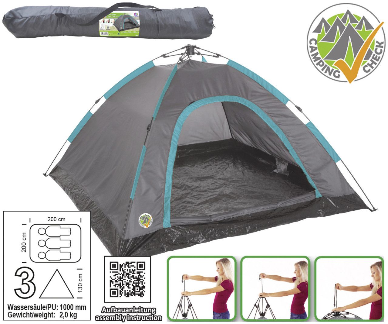 Faltzelt Happy People 3 Personen Ruck-Zuck-Zelt 200 x 200 x