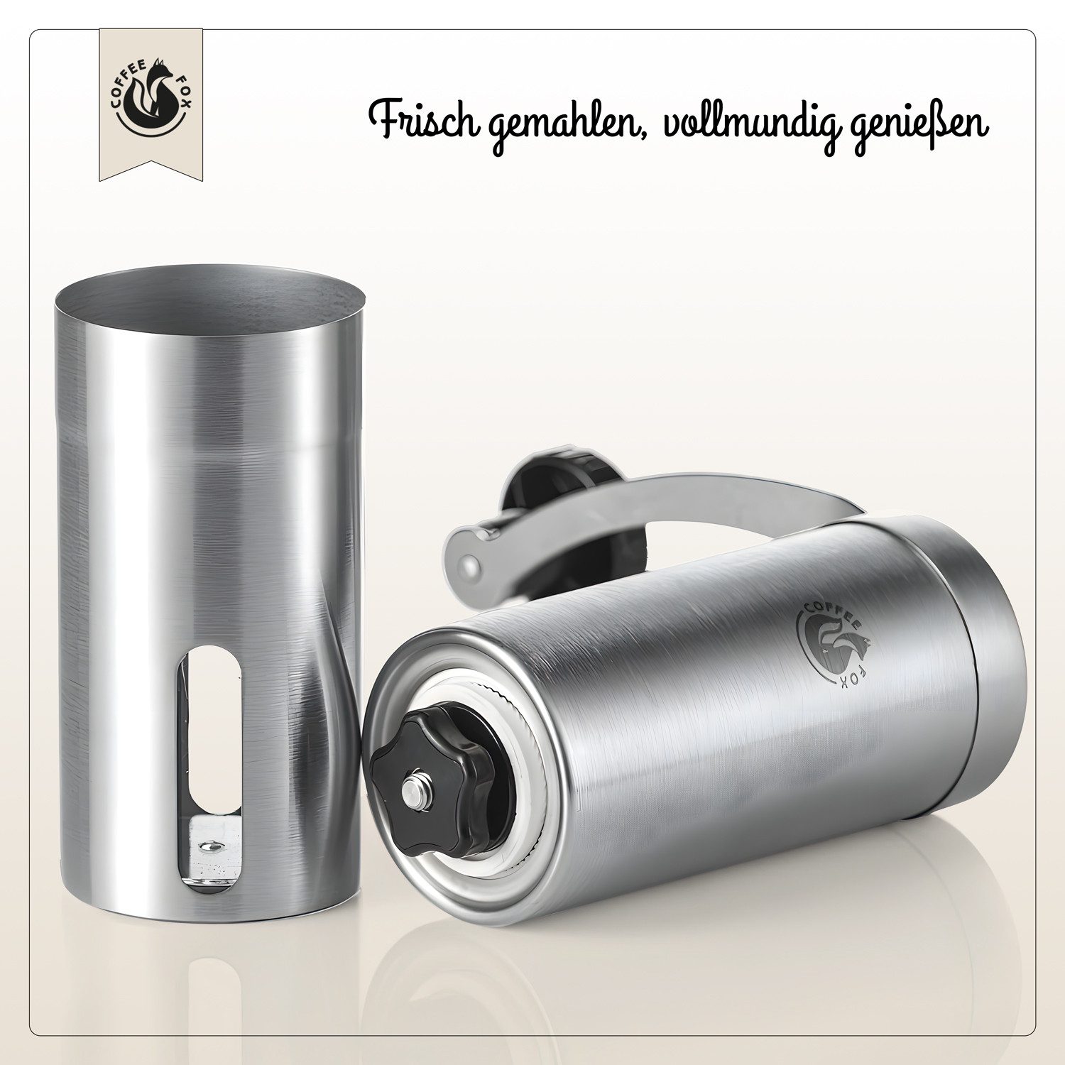 Coffee Fox Kaffeemühle Präzisions-Handkaffeemühle aus Edelstahl–Ideal für Zuhause & unterwegs, Keramik Mahlwerk, Handkaffeemühle