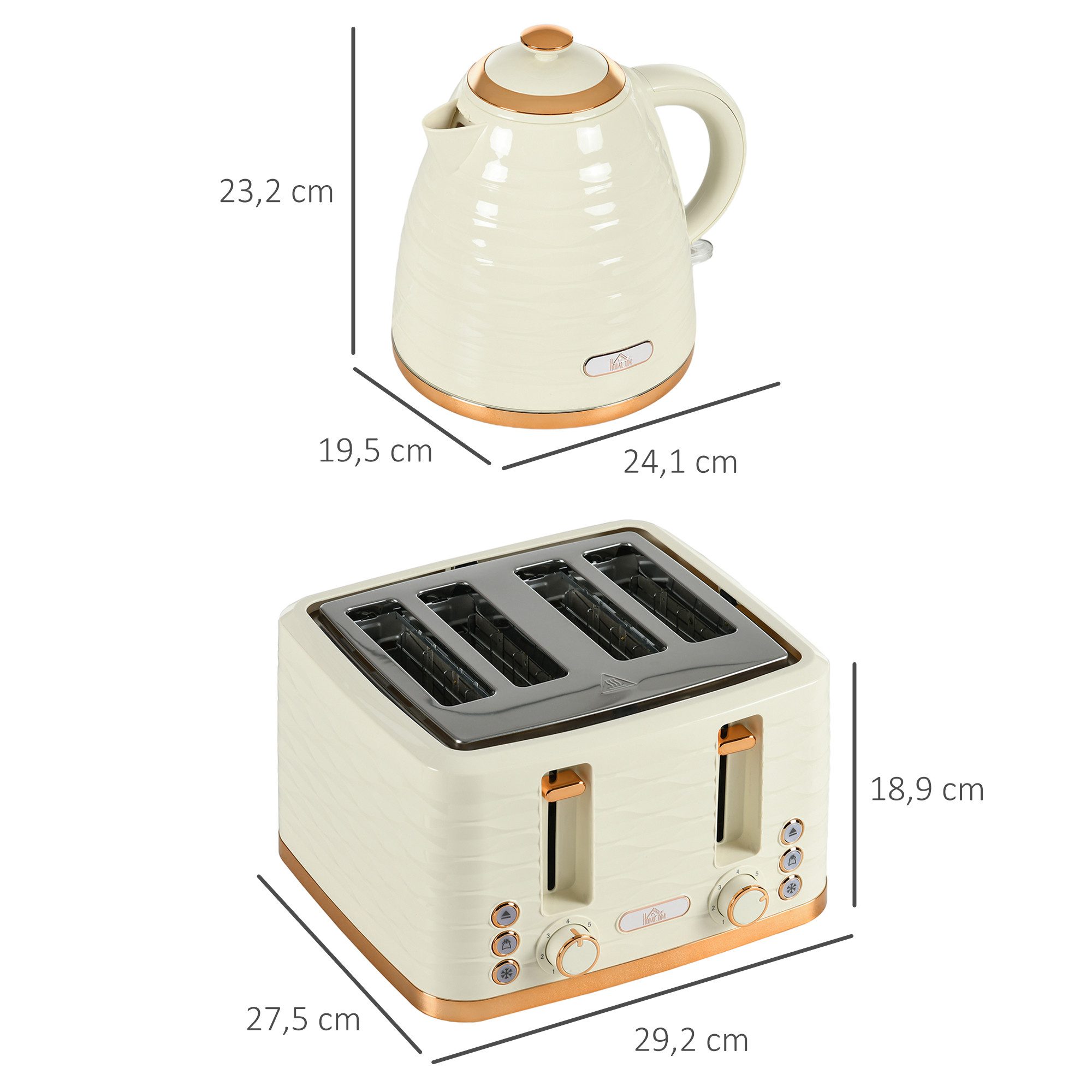 HOMCOM Toaster Wasserkocher Frühstück-Set: 1,7L, 4 Scheiben, 7 Bräunungsstufen, Kocher-Toaster-Set, für Frühstückszubereitung, 2200 W, Auftauen, Aufwärmen und Krümelfach, Otter Thermostat, Beige