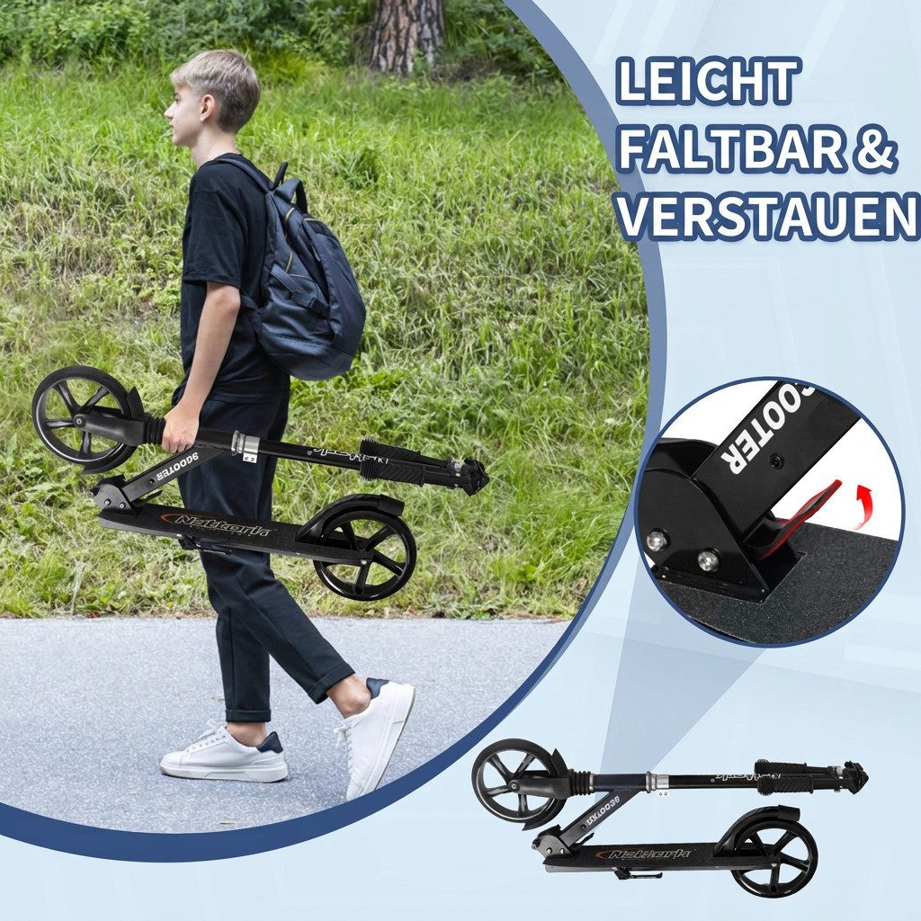 Nattork Scooter Klappbarer Kickscooter für Kinder und Erwachsene, bis 100 kg Traglast, (1 tlg), Stabiler Tretroller mit höhenverstellbarem Lenker, 8-Zoll PU-Räd – Bild 5 von 5