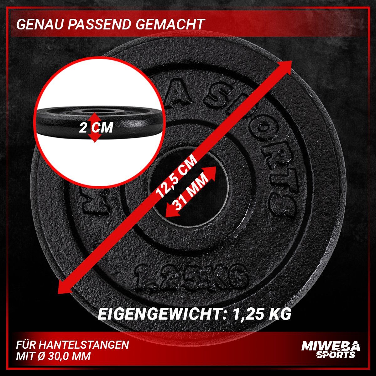 Miweba Sports Hantelscheibe Profi Gusseisen Hantelscheiben HSG - 1.25 - 10 kg, 5 kg, (4er-Set, Hantelscheibenset, Hantel Gewichte Set, Gewicht Scheiben, Muskelaufbau, Workout, Training, Ganzkörpertraining, 4-tlg., 4 x 1.25 kg, Ø 30mm, Gusseisen, 12.5 x 2.0 cm), Gewicht Scheiben Krafttraining Fitnessgerät - Fitness Hantel Zubehör
