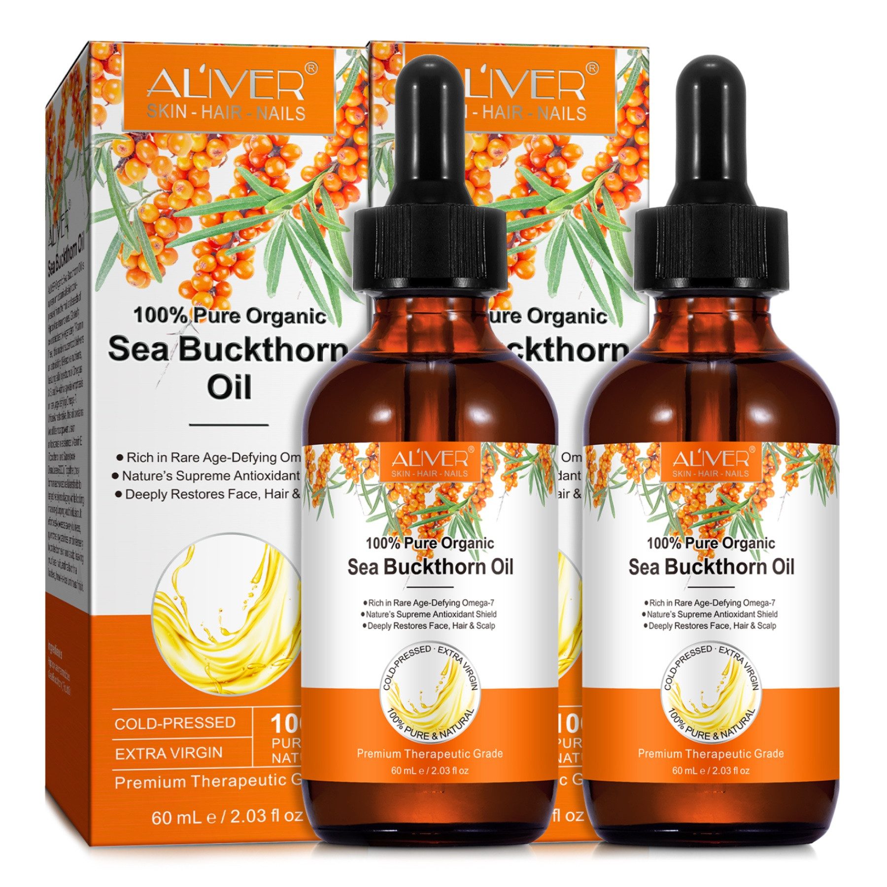 ALIVER Haaröl Sanddornöl Sea Buckthorn Oil Haut Haare Nägel Kopfhaut Kaltgepresst, 2-tlg., Haaröl, Haarpflege, Nagelpflege, Haut, Körper