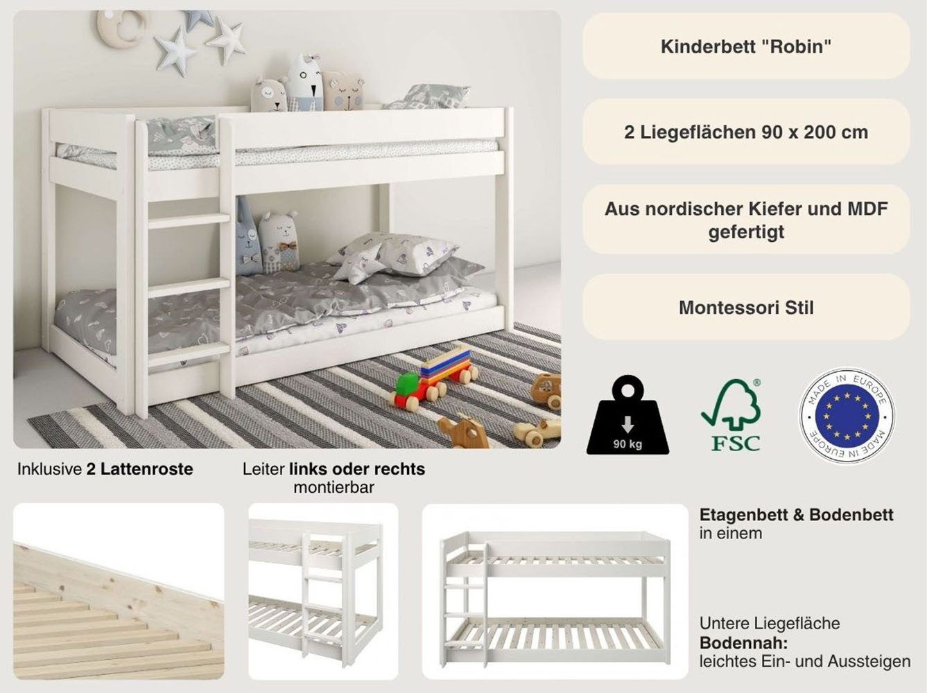 OTTO home Kinderbett ROBIN,Bodenbett,Etagenbett,Leiter/Einstieg seitenverkehrt montierbar (2 Größen), Montessori Stil, zertifiziertes Massivholz