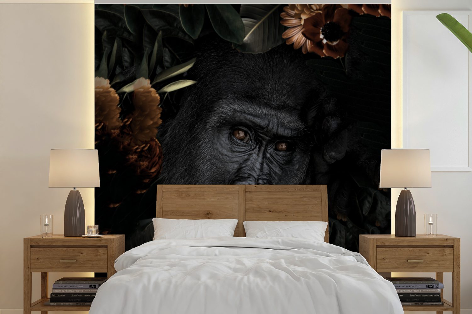 preiswürdig MuchoWow Fototapete Affe - Tiere Schlafzimmer, bedruckt, Schwarz, Wohnzimmer für oder - Matt, (5 - Blumen Wandtapete Tapete St), Vinyl