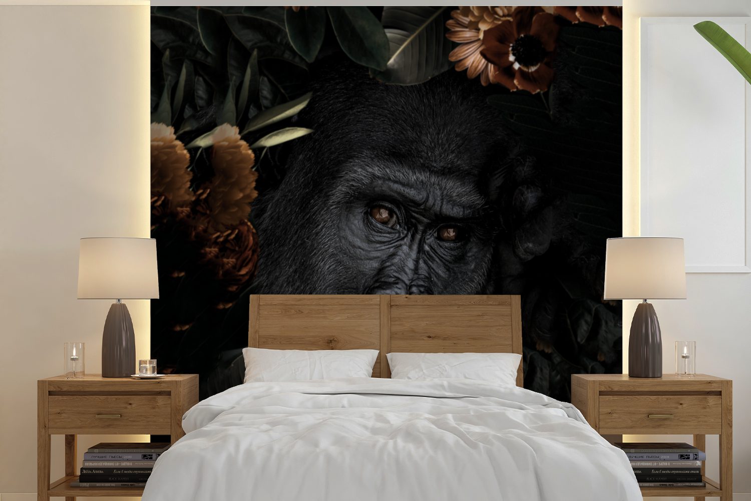 MuchoWow Fototapete Affe - Tiere - Blumen - Schwarz, Matt, bedruckt, (5 St), Vinyl Tapete für Wohnzimmer oder Schlafzimmer, Wandtapete