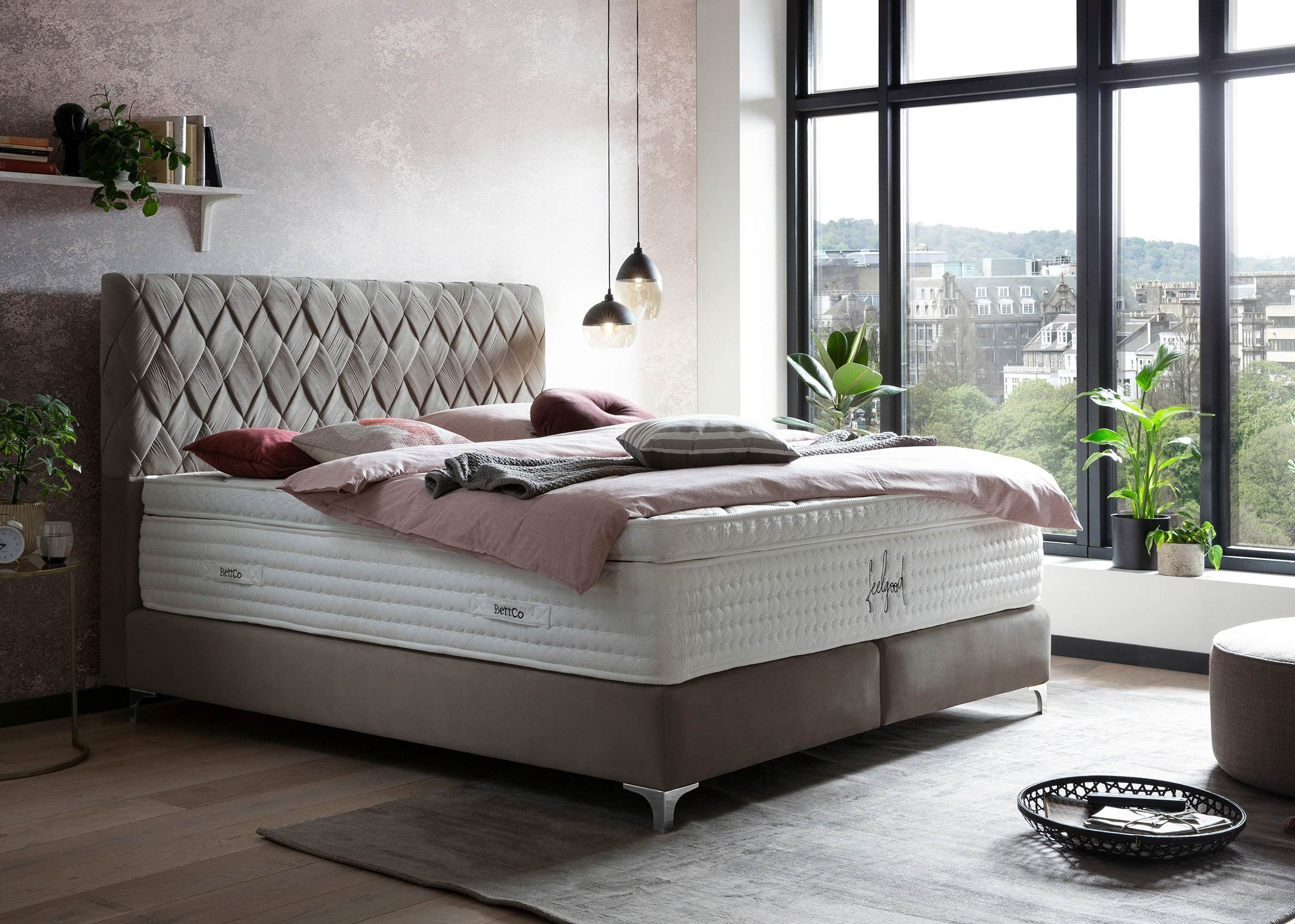 BettCo Boxspringbett Lyon (in Taupe optionaler Füße cm), 140 Chrom-Optik handgeflochten 200 + Kopfteil Topper, Velours, x