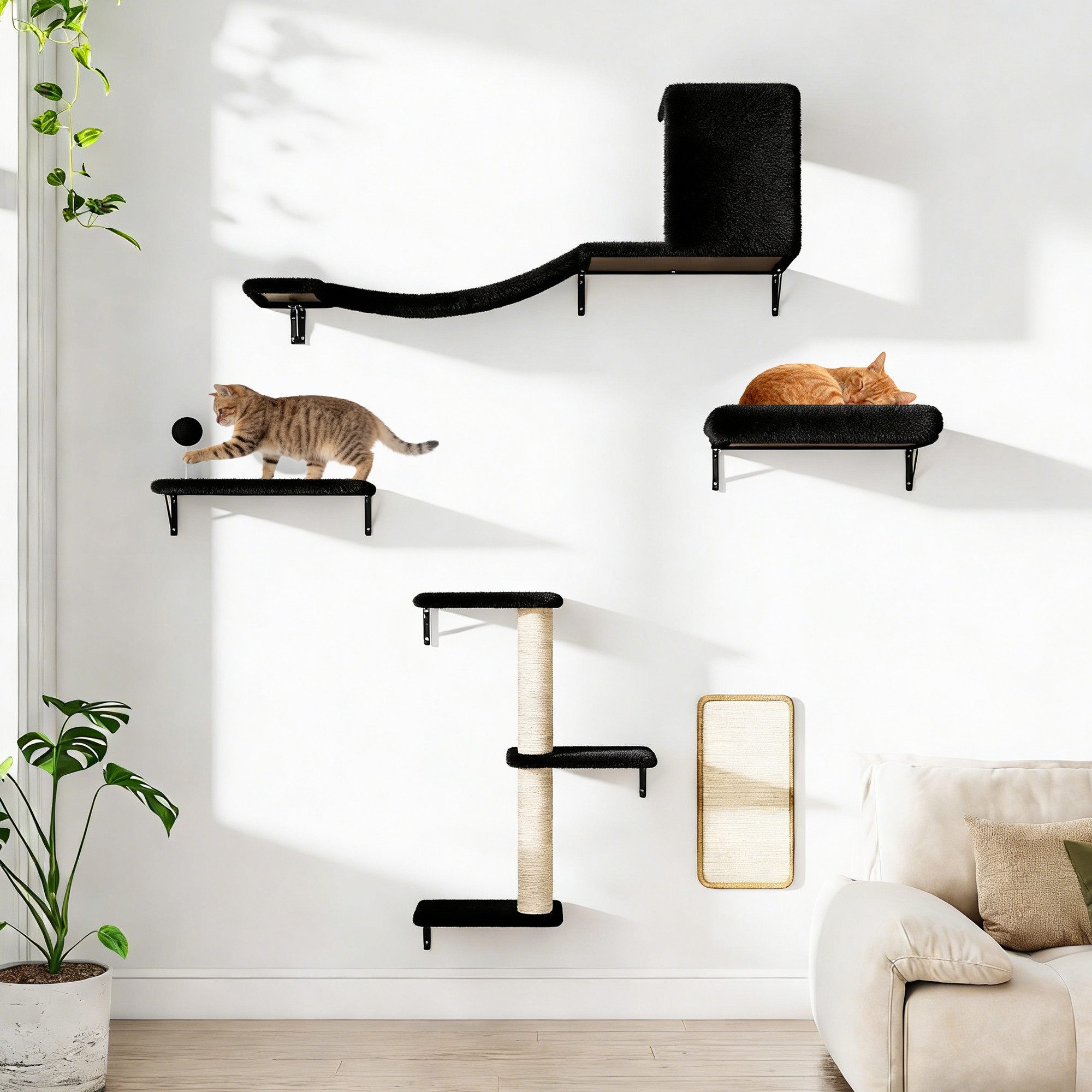 FURPAL Kratzbaum Katzen Kletterwand Set 5-teilig – Wandmontierte Katzenwand, mit Kratzbrett, Katzenwohnung & Sitzstangen, Platzsparend (Schwarz)