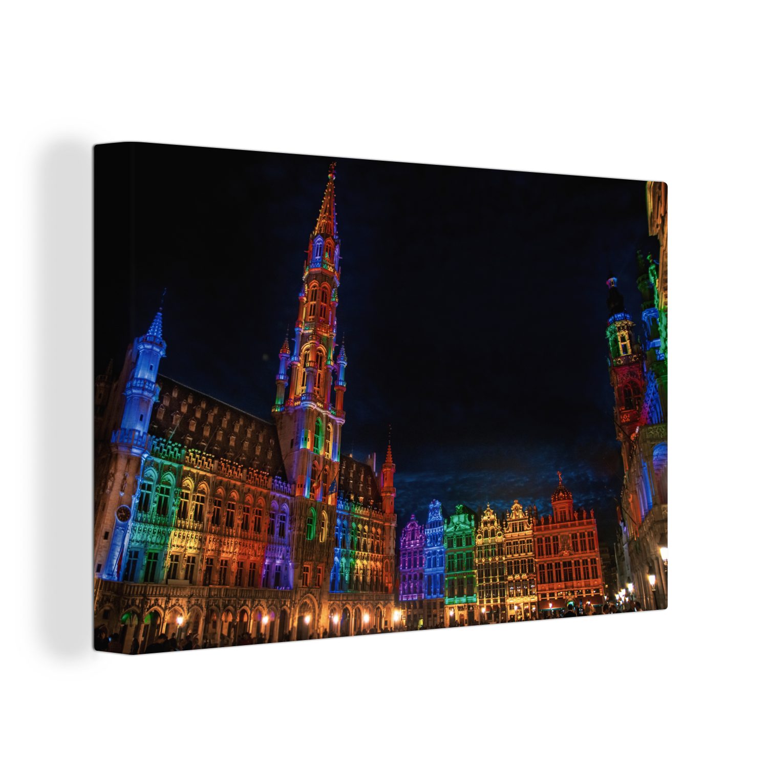 Der Wanddeko, 30x20 seinen Place Leinwandbild cm Aufhängefertig, beleuchtete schönen, Leinwandbilder, von nächtlich mit St), Brüssel (1 Grand OneMillionCanvasses® Wandbild