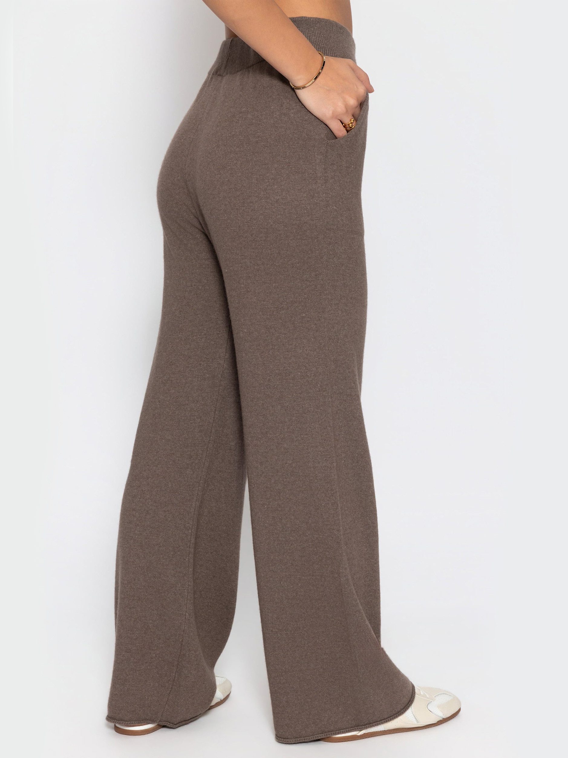 SASSYCLASSY Stoffhose Strickhose mit Kaschmiranteil für Damen Weiche Hose mit elastischem Bund und seitlichen Taschen Grau Taupe