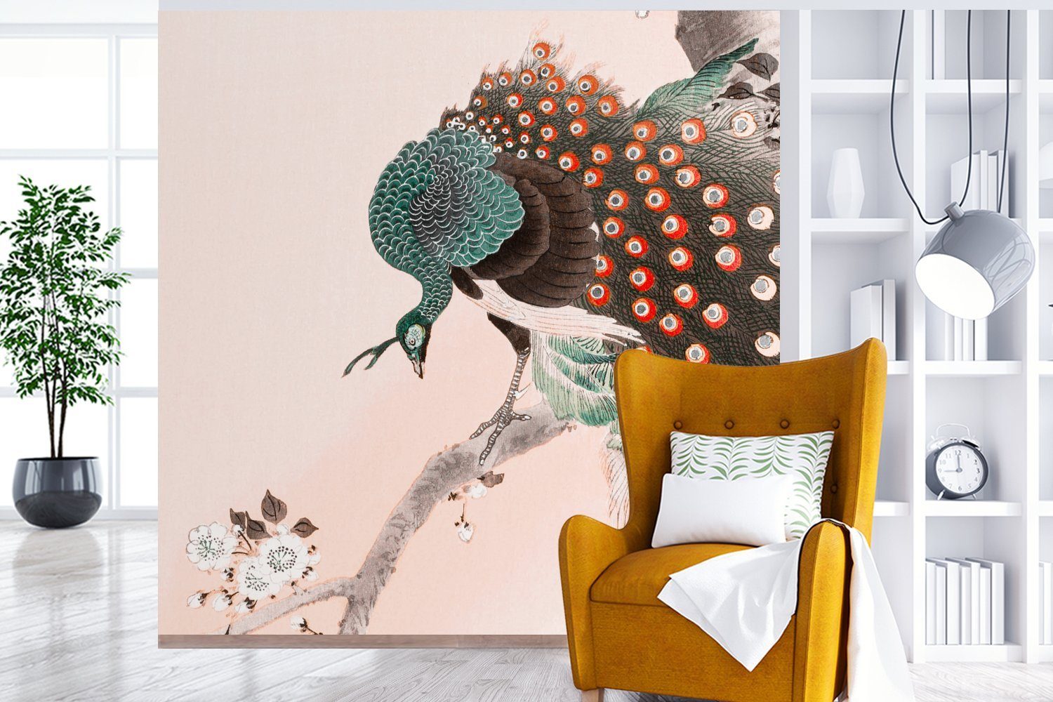 Pfau bedruckt, Japanisch, - Schlafzimmer, St), - - Matt, Fototapete Vintage Wandtapete für Tapete Vinyl Pfauenfedern - Wohnzimmer Blumen (5 MuchoWow oder