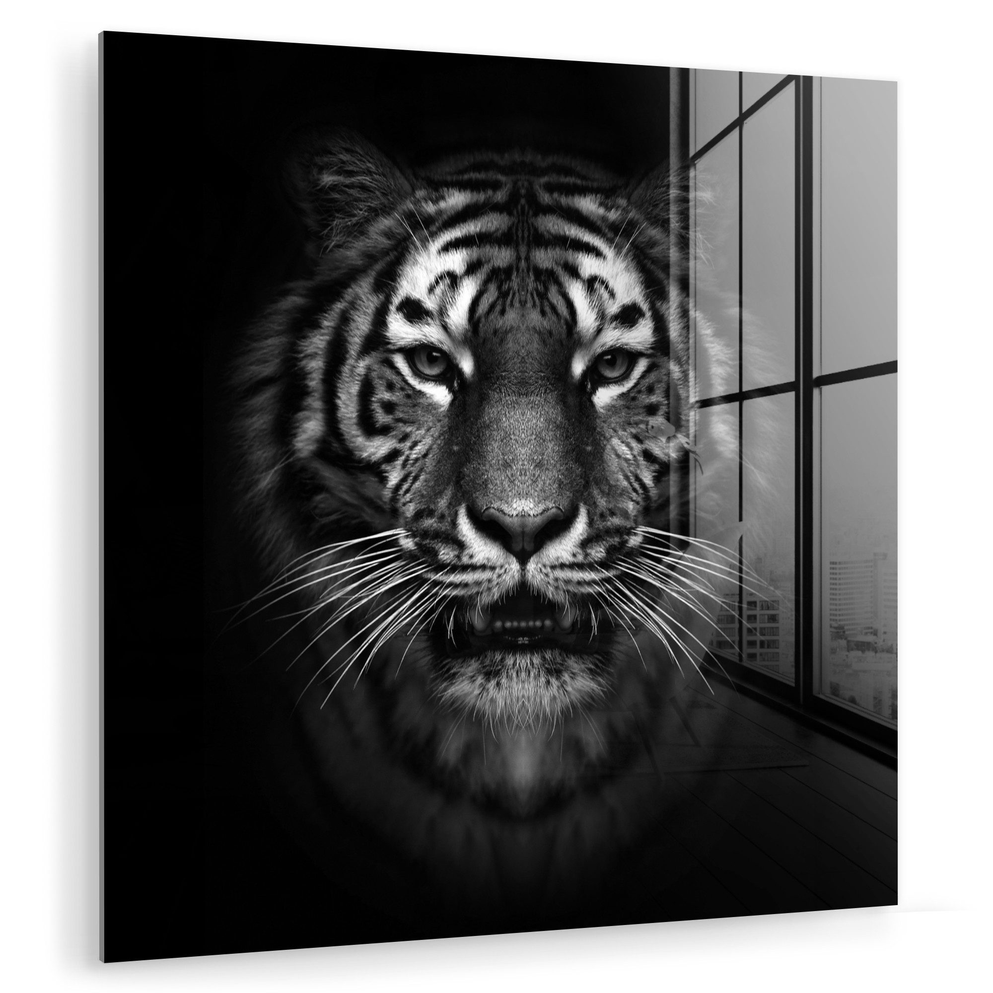 MuchoWow Acrylglasbild Tiger - Tiere - Schwarz - Weiß - Porträt - Wild, Inkl. Aufhängung, Bilder auf Glas Wandbild, Wanddeko Wohnzimmer Badezimmer, 20x20 cm