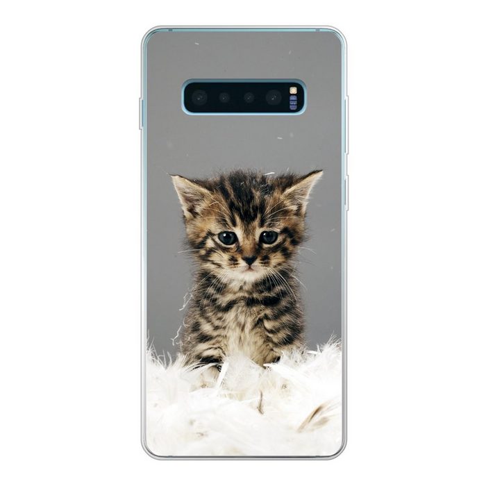 MuchoWow Handyhülle Kätzchen - Federn - Grau Phone Case Handyhülle Samsung Galaxy S10+ Silikon Schutzhülle