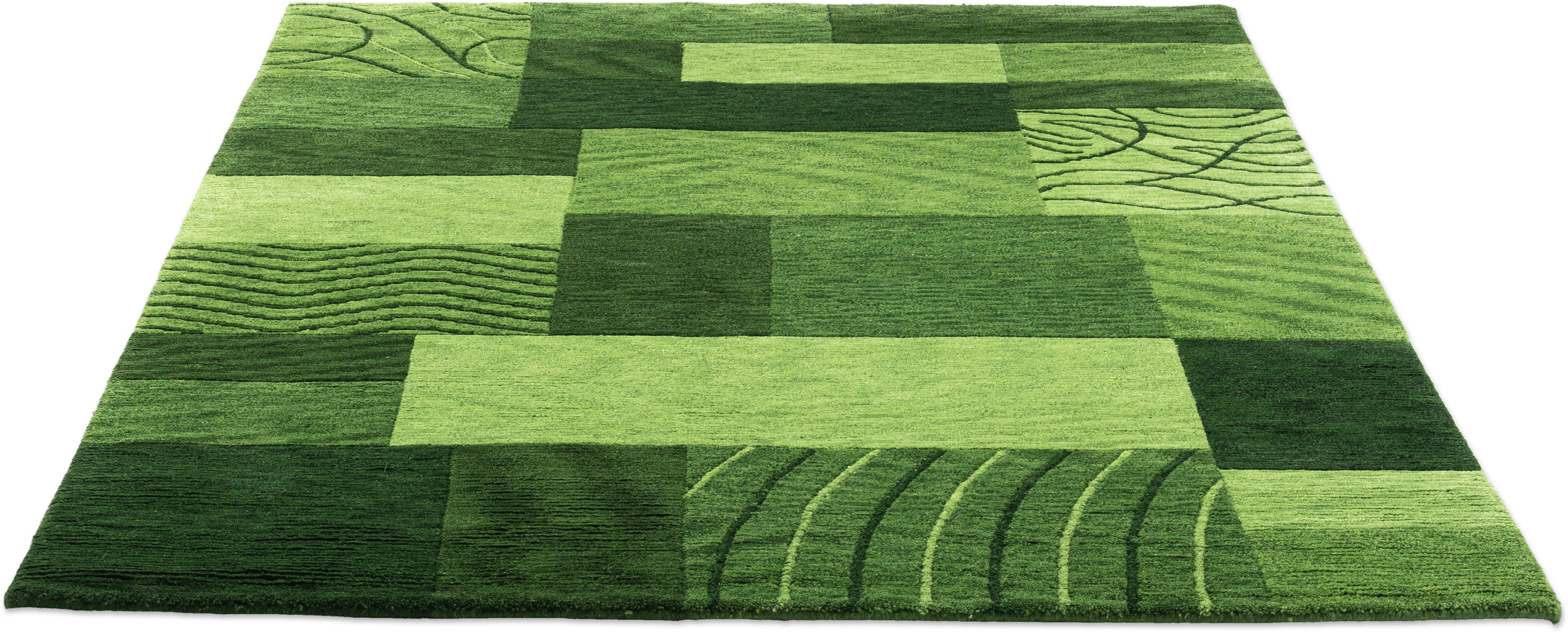 THEKO Wollteppich Domas 4028, rechteckig, Höhe: 12 mm, Kurzflor, reine Wolle, handgeknüpft, modernes Patchwork Design