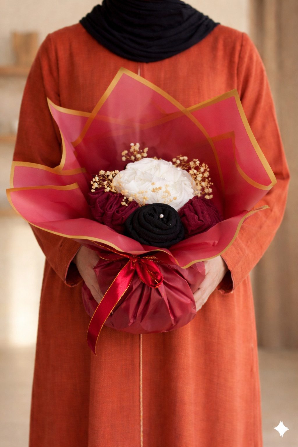 Aymasal Hijab Hijab Bouquet Strauss - Geschenkstrauß persönliches Geschenk Islam (Mehrteiliges Set, 3 Jersey Hijabs, 4 Hijab Nadeln, Bouquet Geschenkverpackung) Hijab Geschenkstrauß Jersey Kopftuch Set 3 Tücher Geschenkidee für Eid