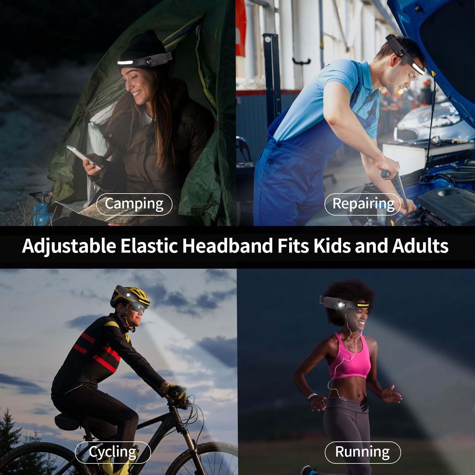 LQWELL LED Stirnlampe Wiederaufladbar, COB-Breitstrahl & Spotlight (Typ-C USB-Lade- Kopflampe, 1-St., 5 Modi Wasserdichte Headlight mit Bewegungssensor), für Nachtlaufen, Radfahren, Camping, Reparieren