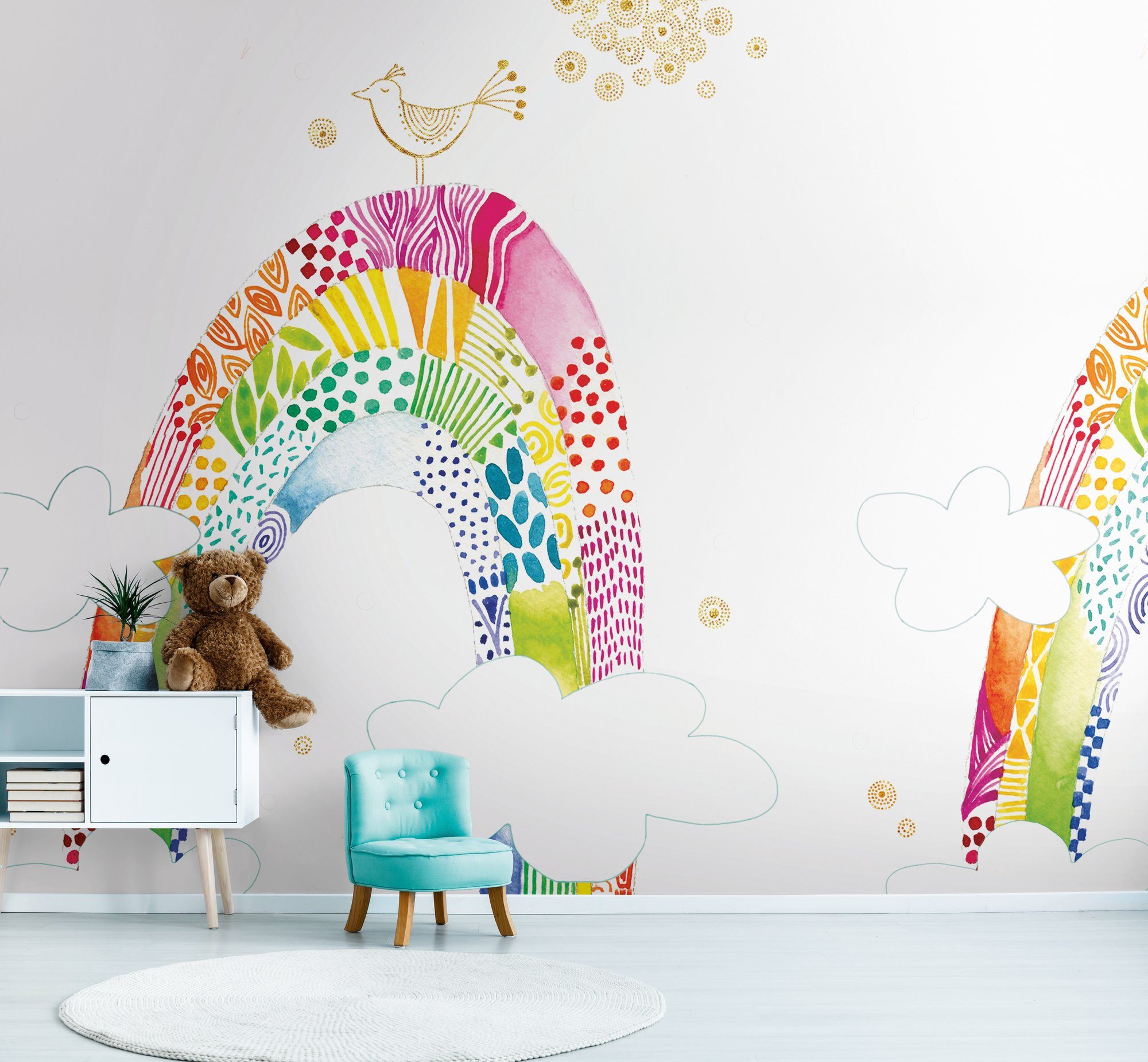 living walls Fototapete Kinderzimmertapete Regenbogen, glatt, matt, gemustert, neutral, (1 St), Fototapete Wolken Tapeten Kinderzimmer Schlafzimmer modern Design Büro