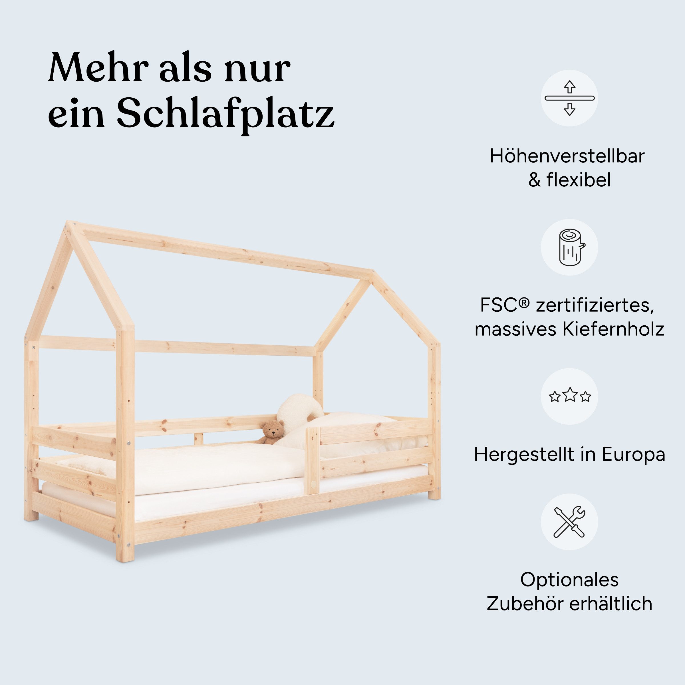 Ehrenkind Hausbett Sona aus FSC®-zertifiziertem Kiefernholz, höhenverstellbar (90x200 cm mit Doppelschublade, inkl. Rollrost und abnehmbarem Rausfallschutz), 2-in-1 Bett – bodentief oder in Standardhöhe aufbaubar