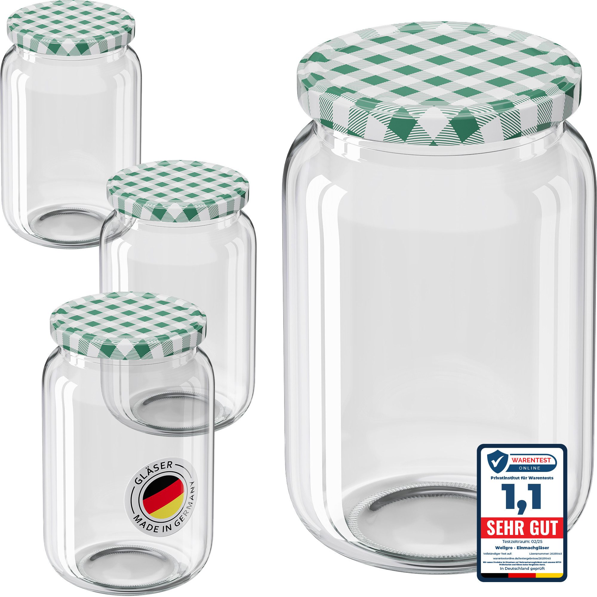 Wellgro Vorratsglas Einmachgläser mit Schraubdeckel TO 82, grün kariert, (6-tlg)
