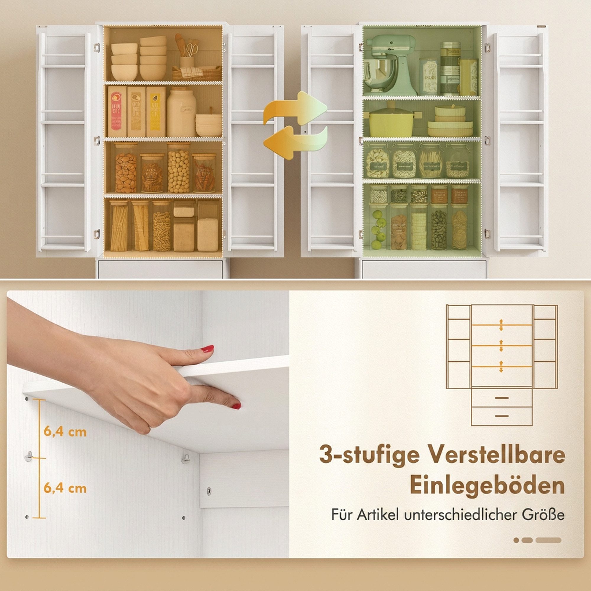 HOMCOM Küchenbuffet Küchenschrank mit 2 Türen und 8 Türregalen, Vorratsschrank (Hochschrank, 1-St., Buffetschrank) für Küche, Esszimmer, Weiß – Bild 5 von 5