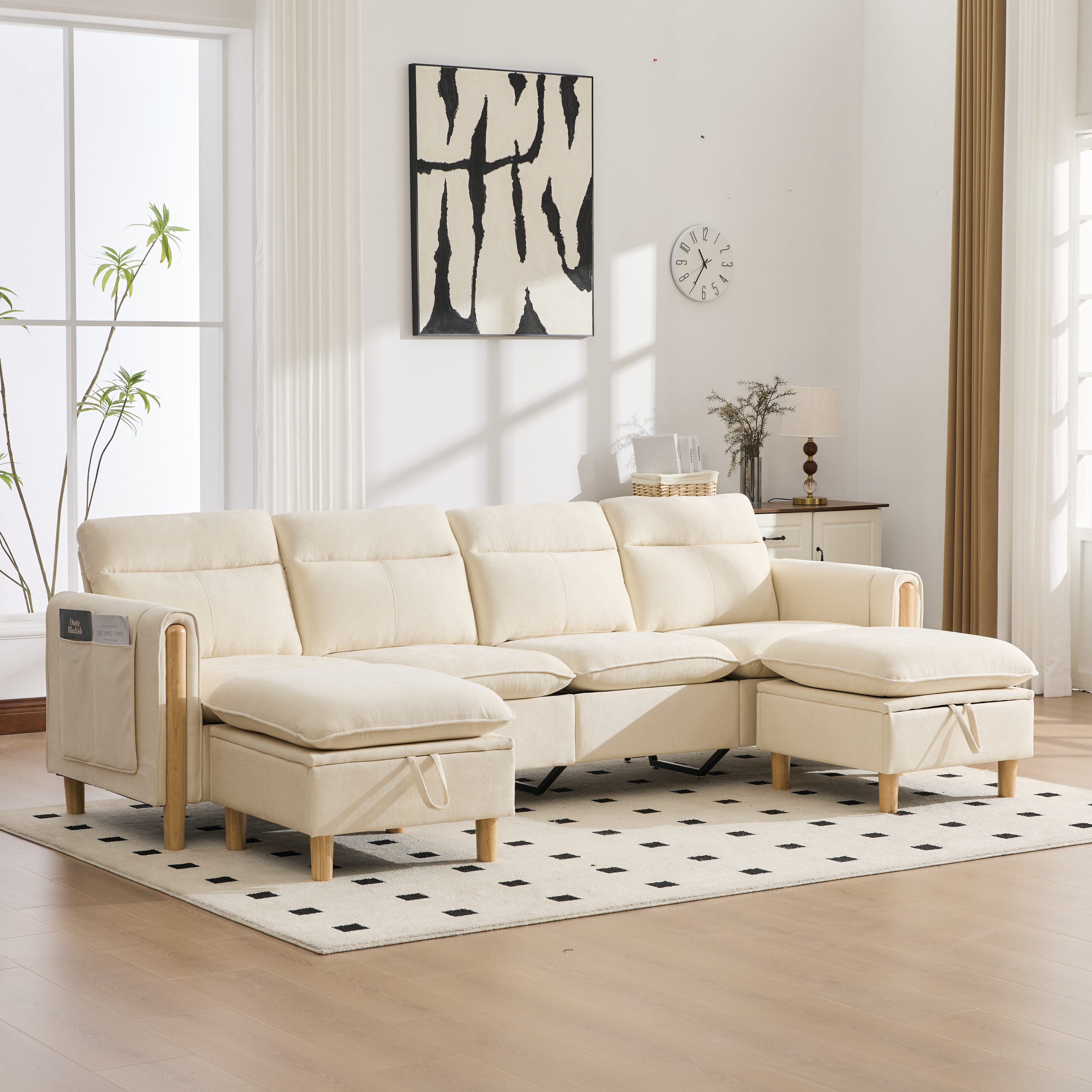 HAUSS SPOLE Ecksofa Loungesofa mit zwei Hockern,Vier-Sitzer-Sofa mit Holzbeinen,Beige, L-Form Sofa mit Stauraumhocker,Chaiselongue für Wohnzimmer, Sofagarnitur mit Chenille-Bezug und Tischbeinen aus Holz