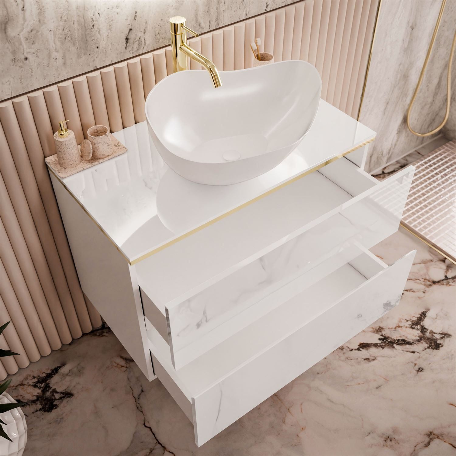 Lookway Badmöbel-Set AURORA GOLD Badezimmerschrank mit praktische Schubladen, 80x55x45 cm – Bild 4 von 5